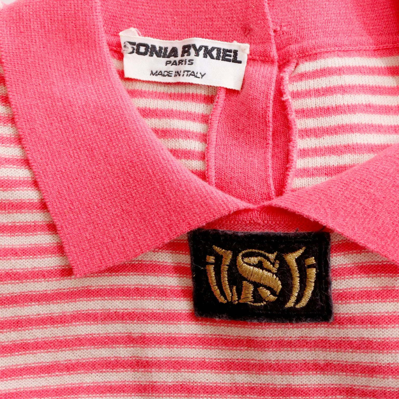 1980s Sonia Rykiel Striped Pink Wool Pullover Sweater Top w Drawstring