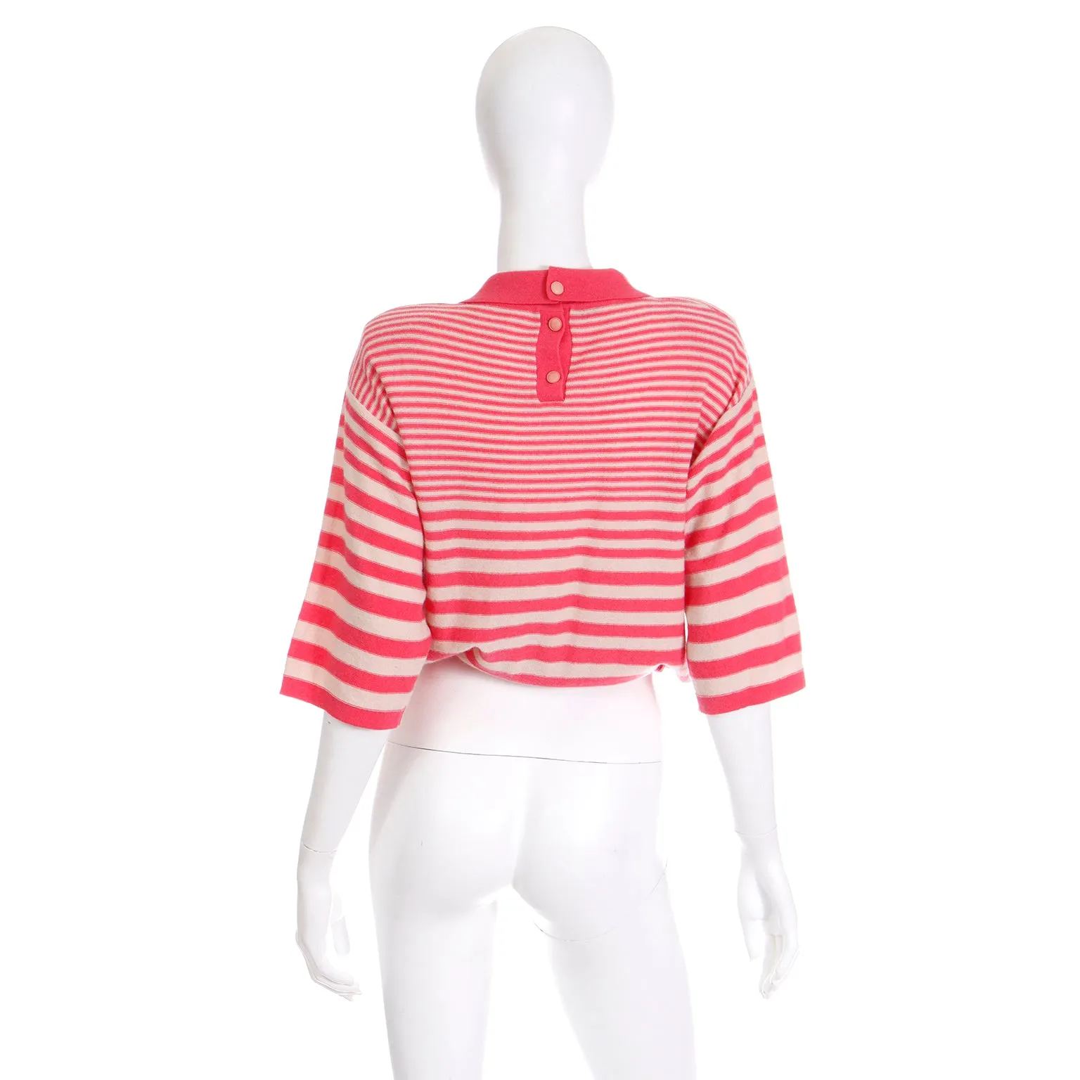 1980s Sonia Rykiel Striped Pink Wool Pullover Sweater Top w Drawstring