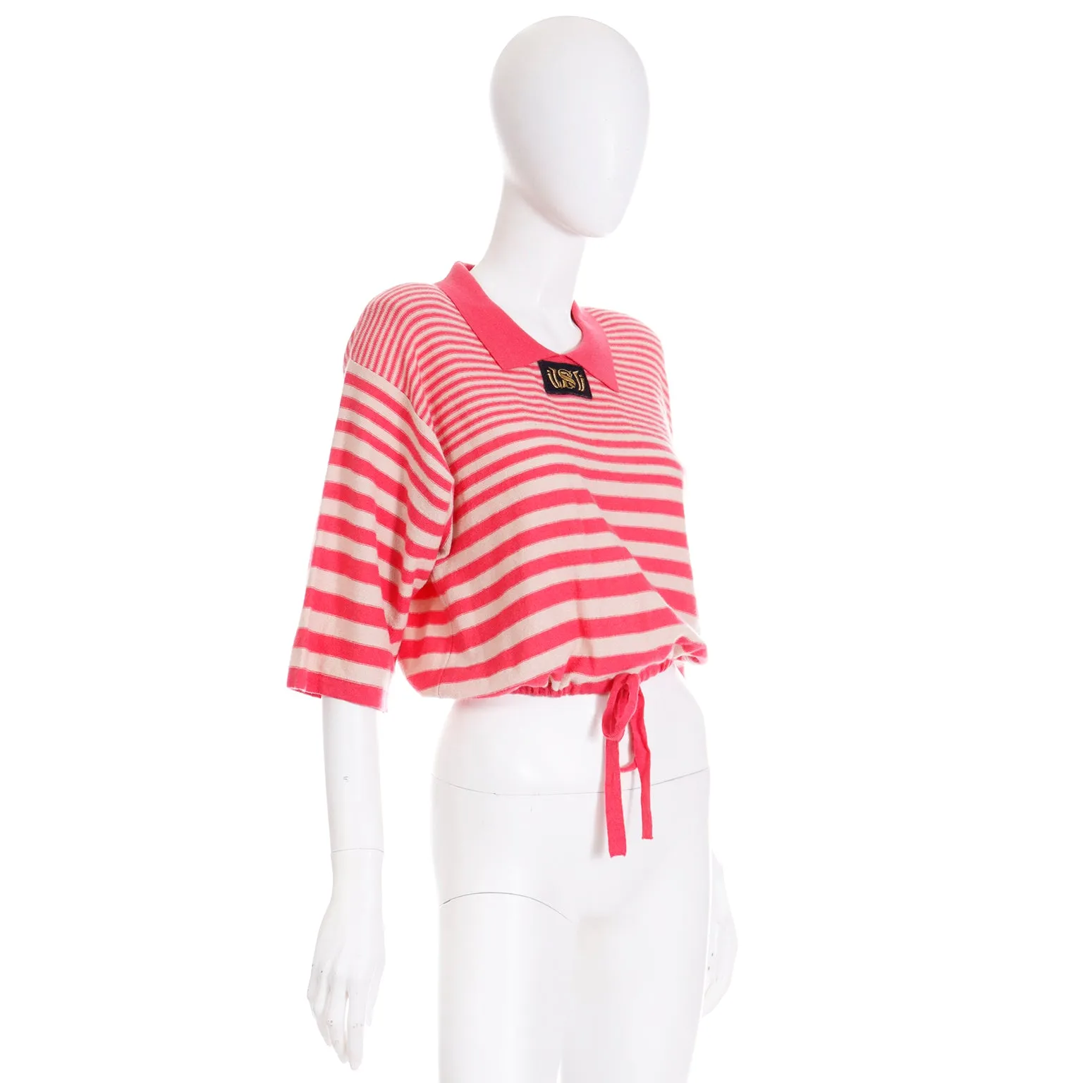 1980s Sonia Rykiel Striped Pink Wool Pullover Sweater Top w Drawstring