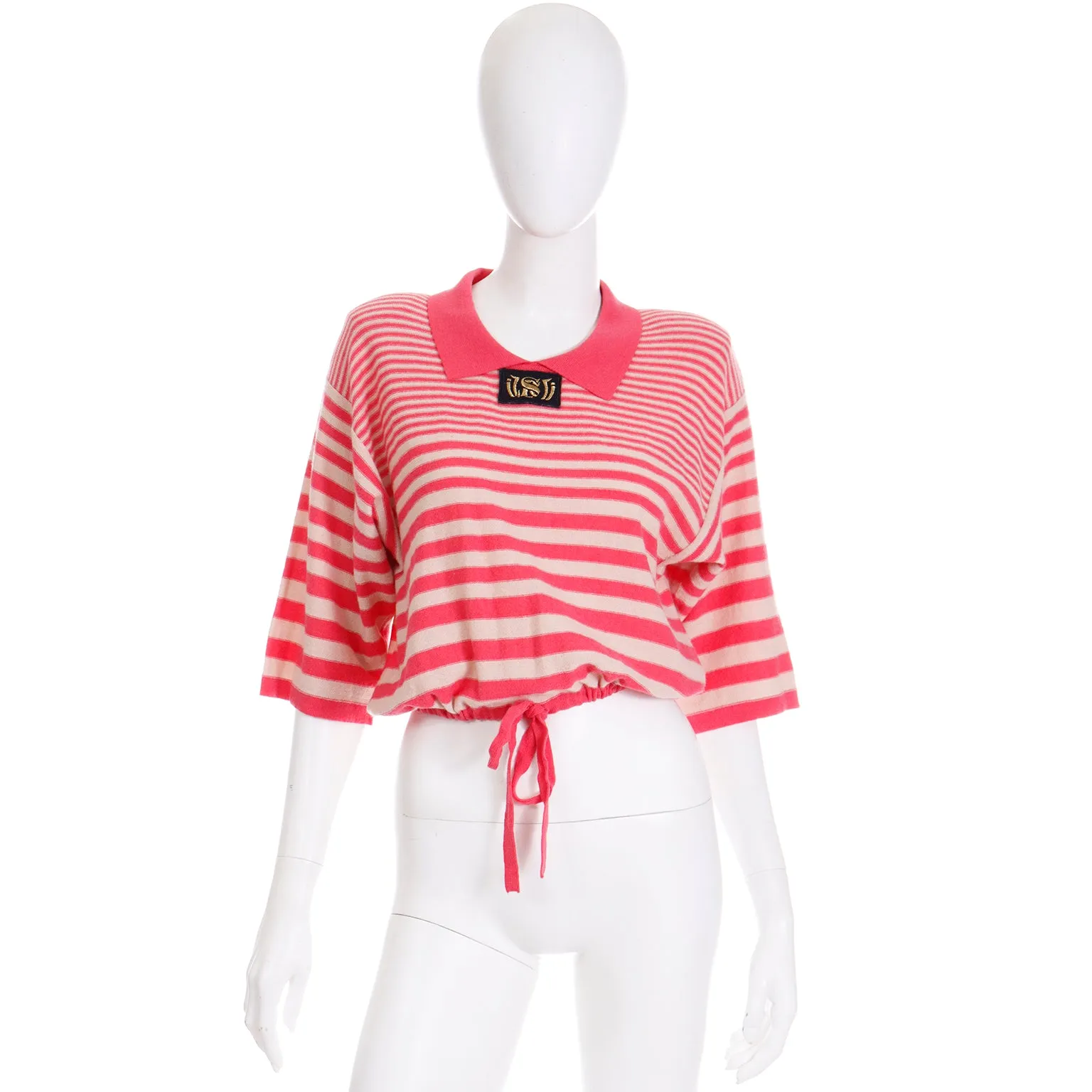 1980s Sonia Rykiel Striped Pink Wool Pullover Sweater Top w Drawstring