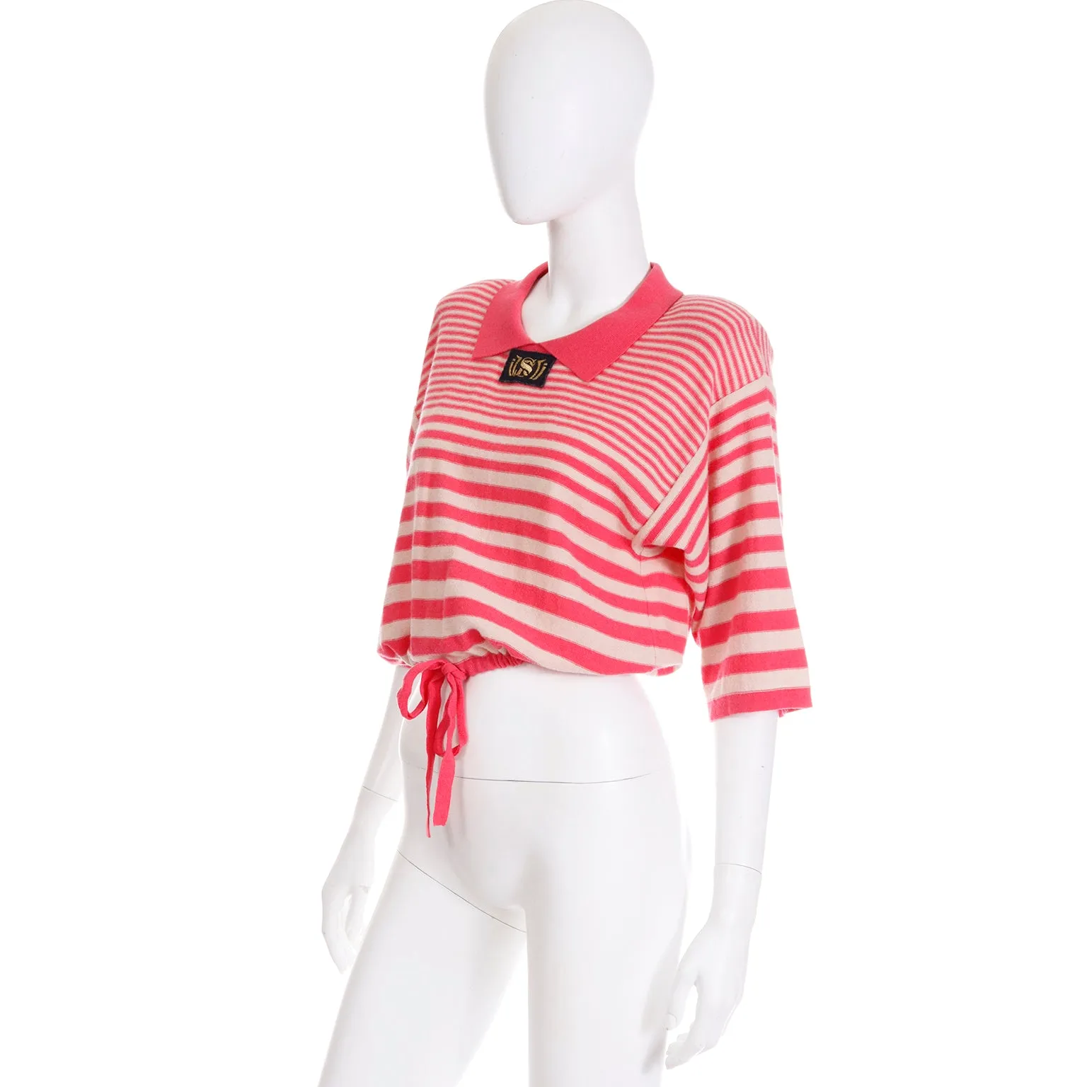 1980s Sonia Rykiel Striped Pink Wool Pullover Sweater Top w Drawstring