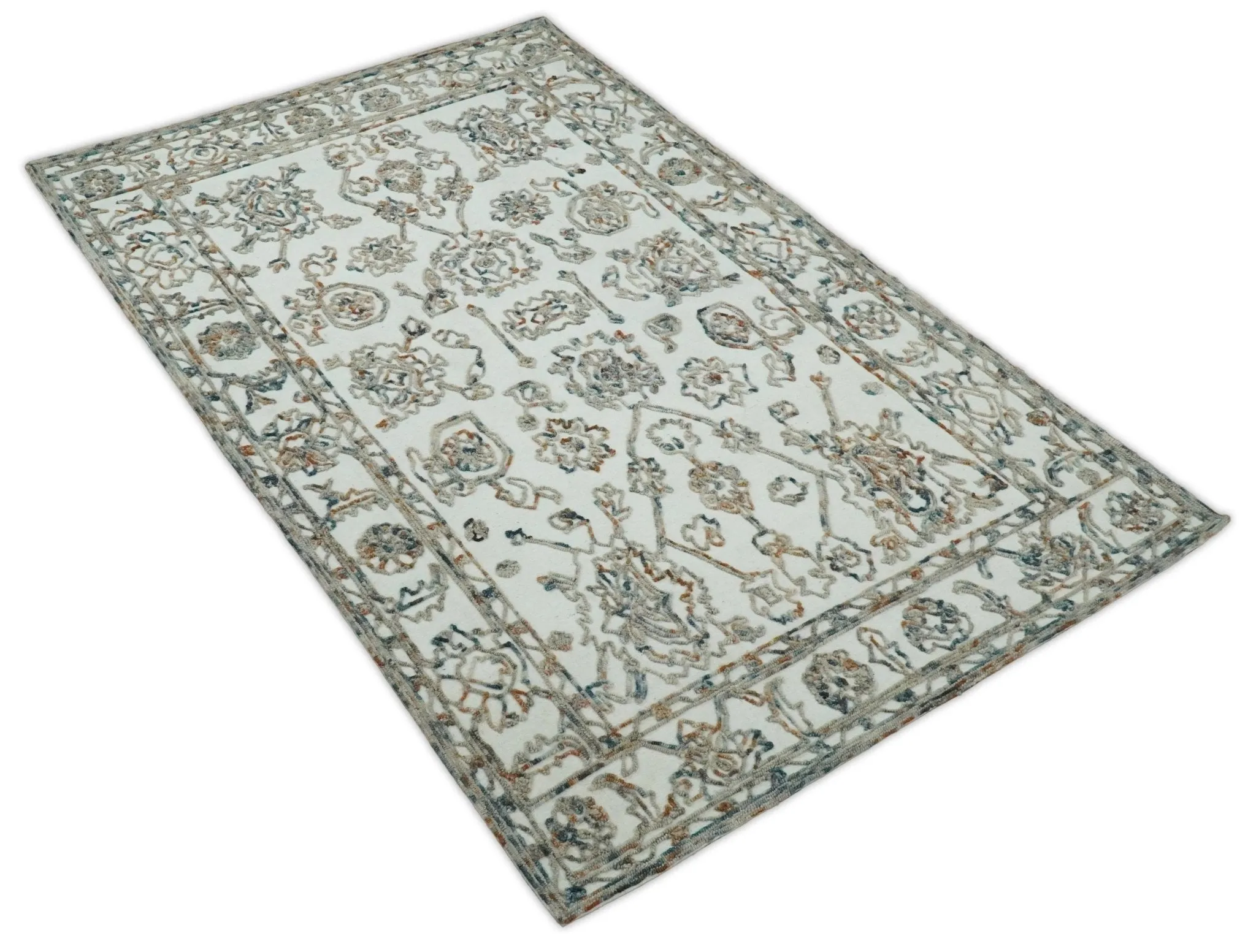 5x8 Hand Hooked Blue and Beige Wool Textured Loop Area Rug | GAR11