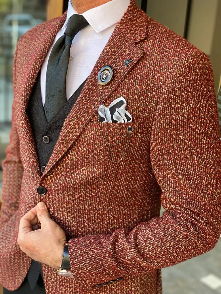 Abruzzo Brown Slim Fit Patterned Wool Suit