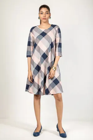 Baby Pink & Navy Blue Cotton Checked Dress