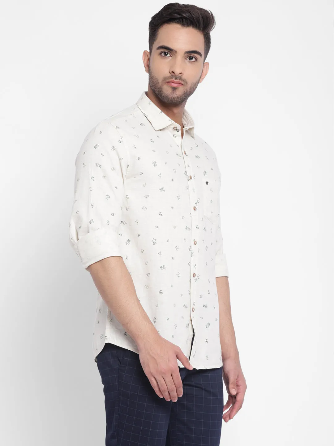 Beige Cotton Printed Slim Fit Shirt
