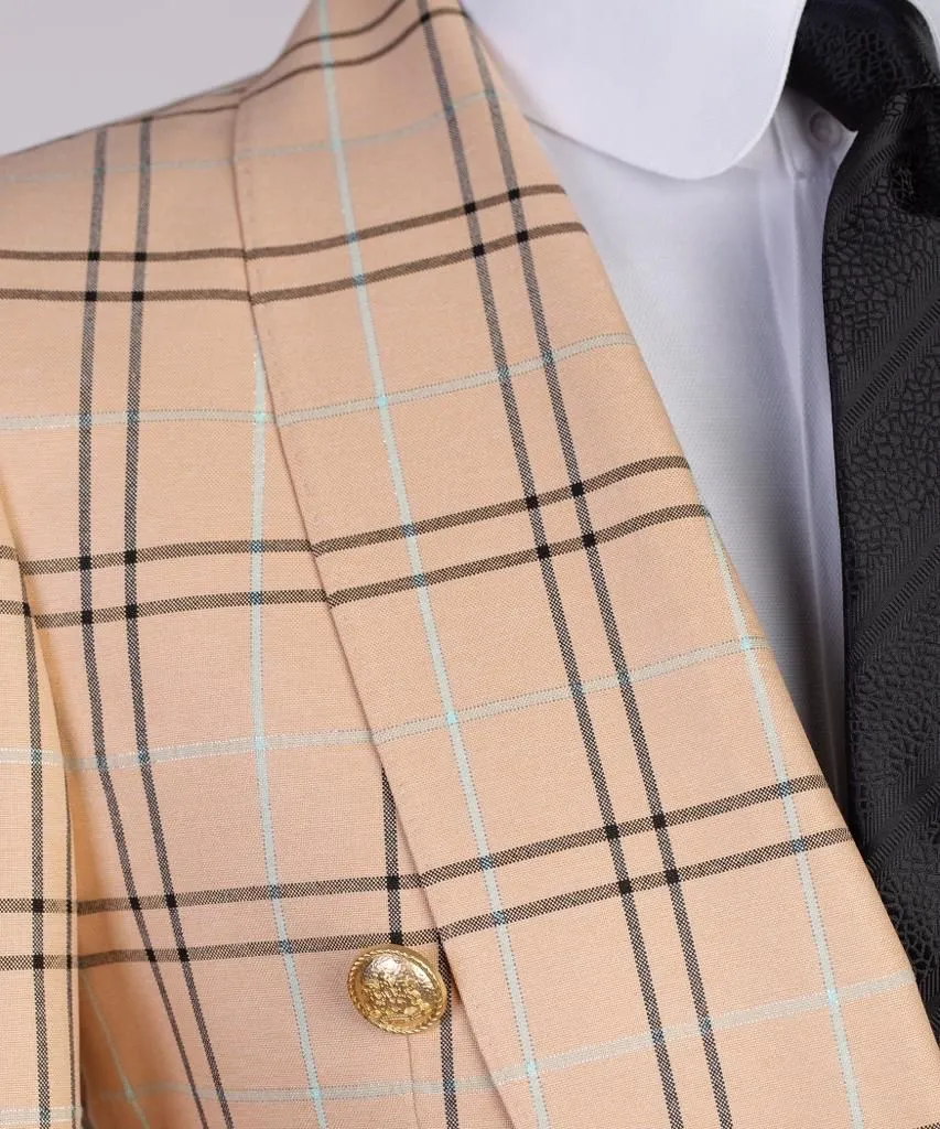 Beige Double-Breasted Check Suit