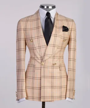 Beige Double-Breasted Check Suit