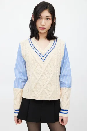 Blue & Cream Knit Striped Shirt Sweater