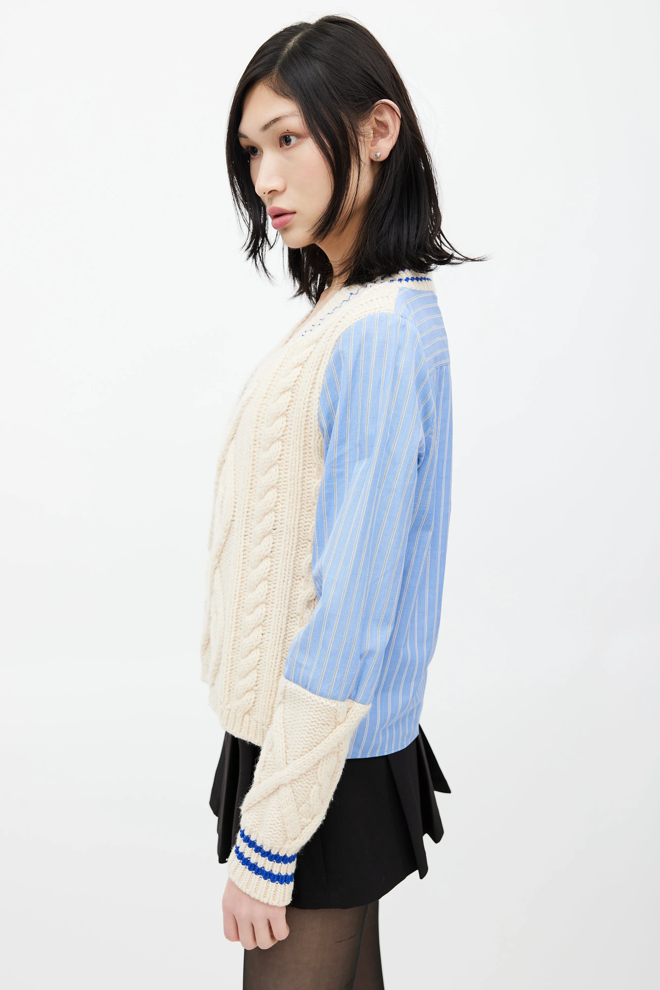 Blue & Cream Knit Striped Shirt Sweater