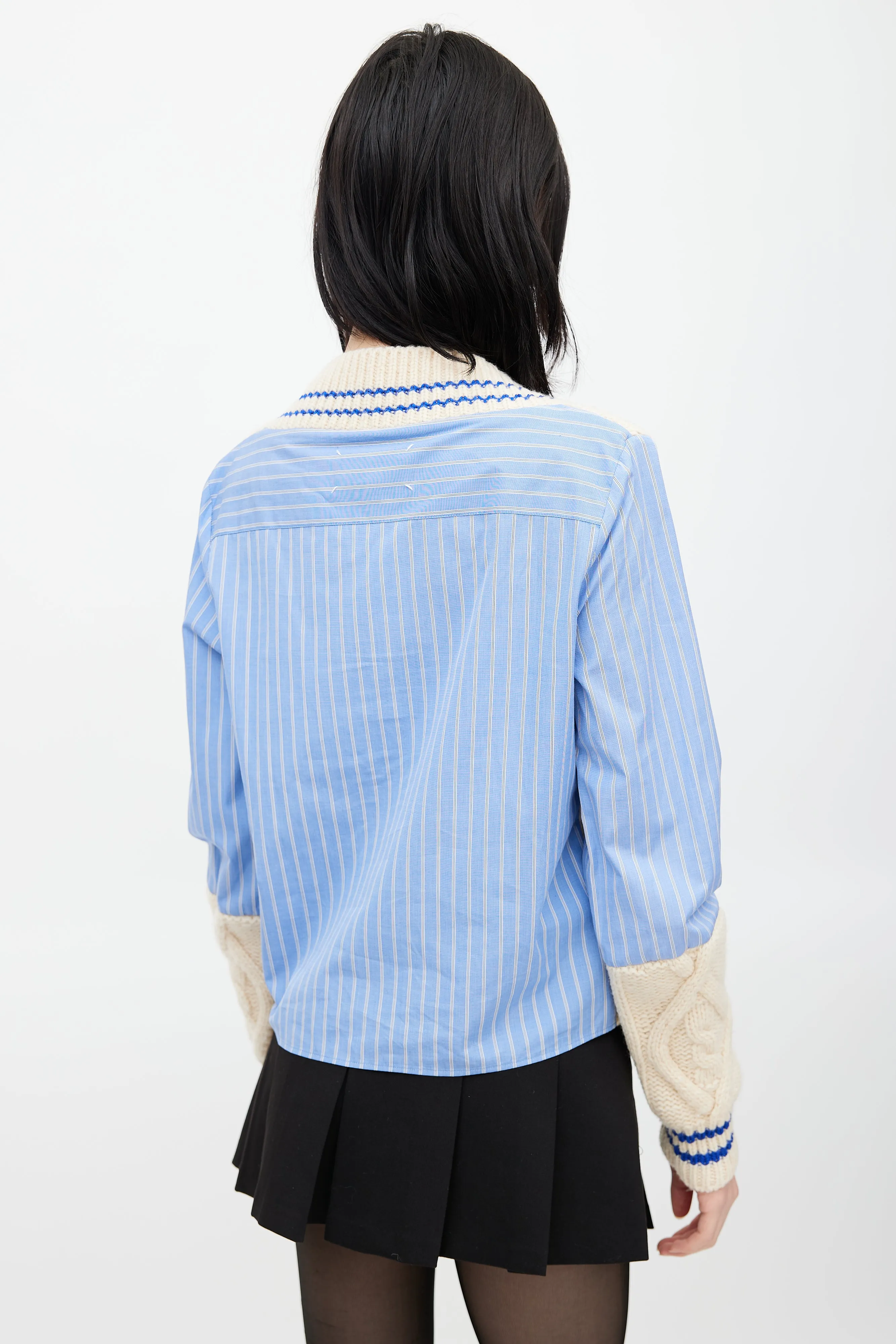 Blue & Cream Knit Striped Shirt Sweater