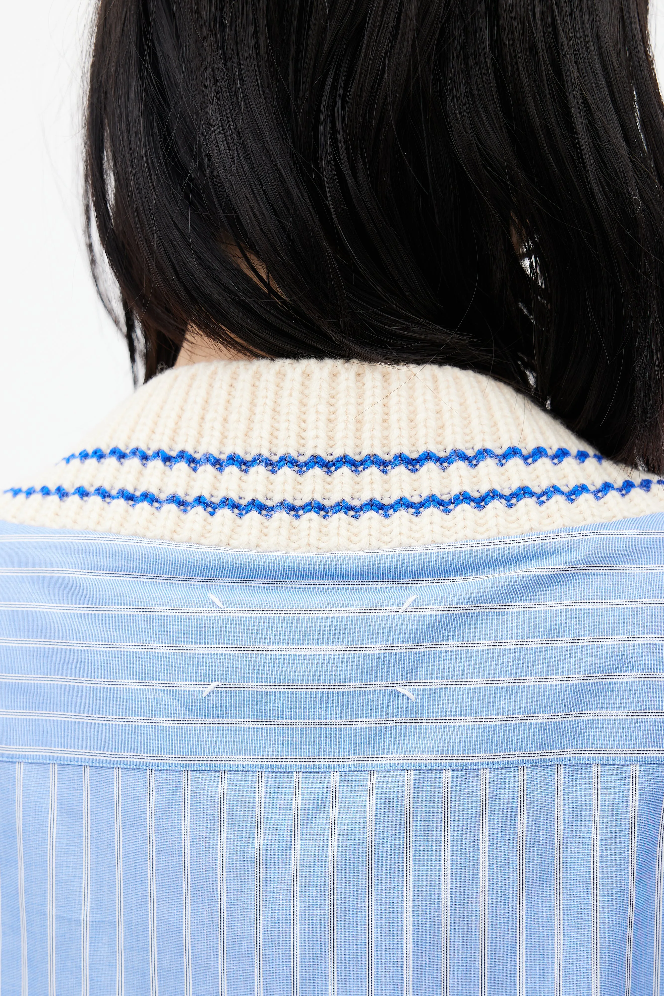 Blue & Cream Knit Striped Shirt Sweater