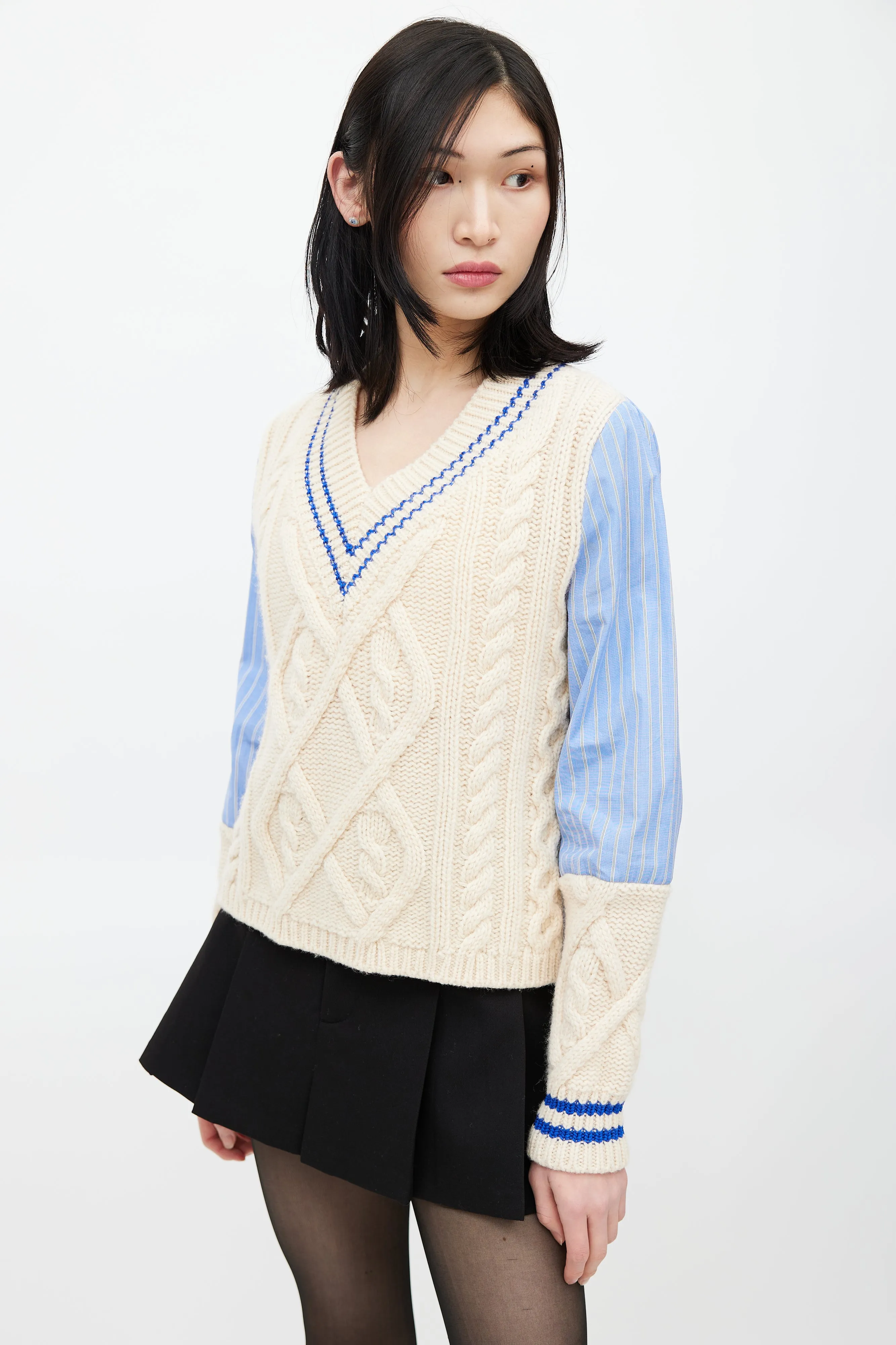 Blue & Cream Knit Striped Shirt Sweater