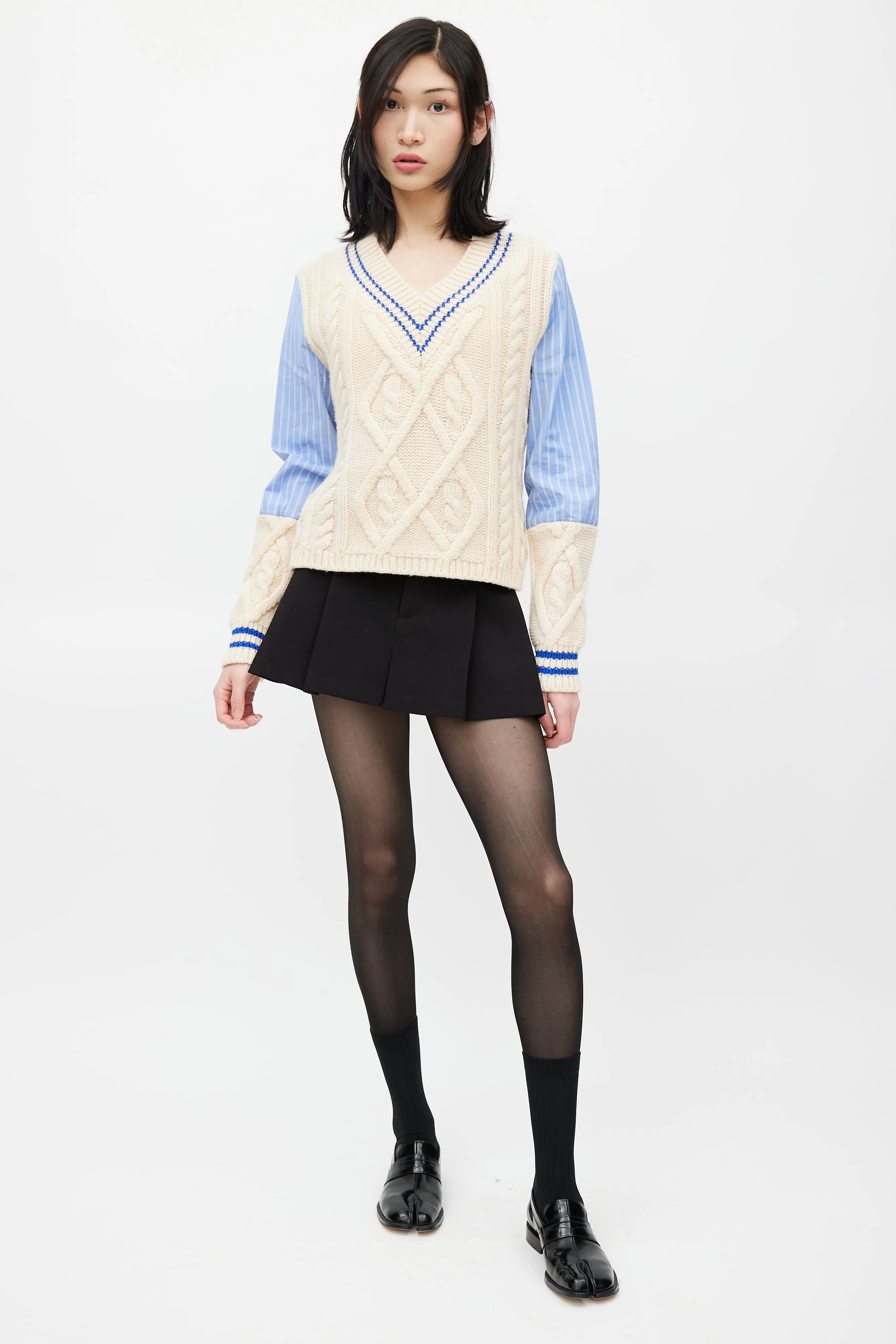 Blue & Cream Knit Striped Shirt Sweater