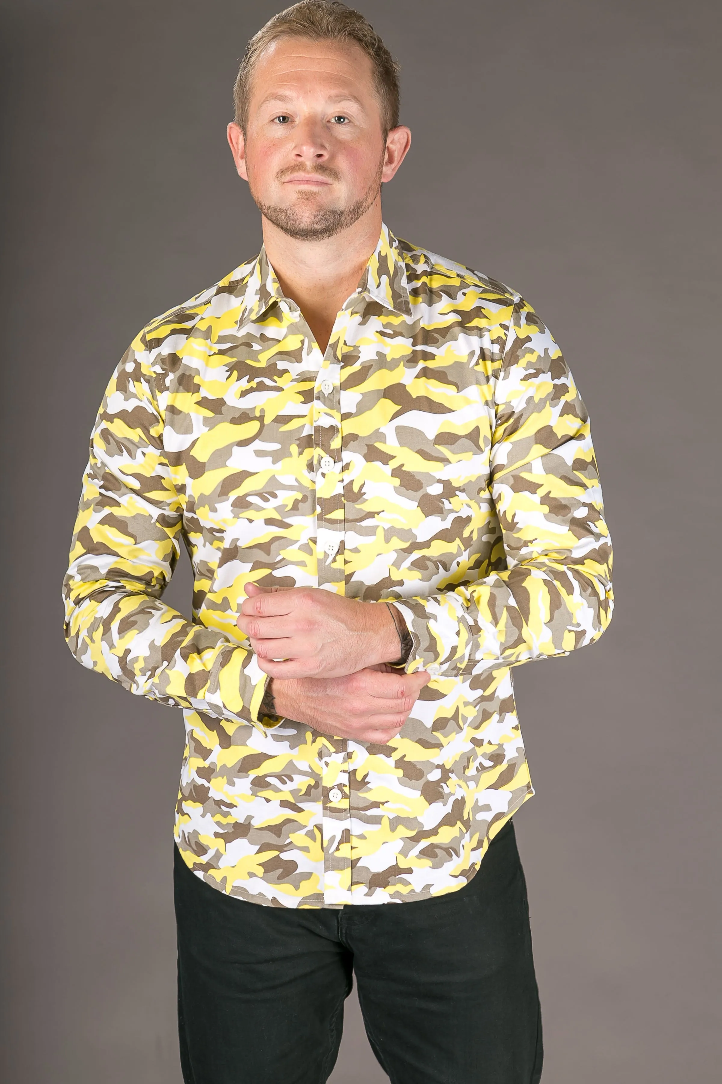 Camouflage Yellow Print Cotton Slim Fit Mens Shirt Long Sleeve