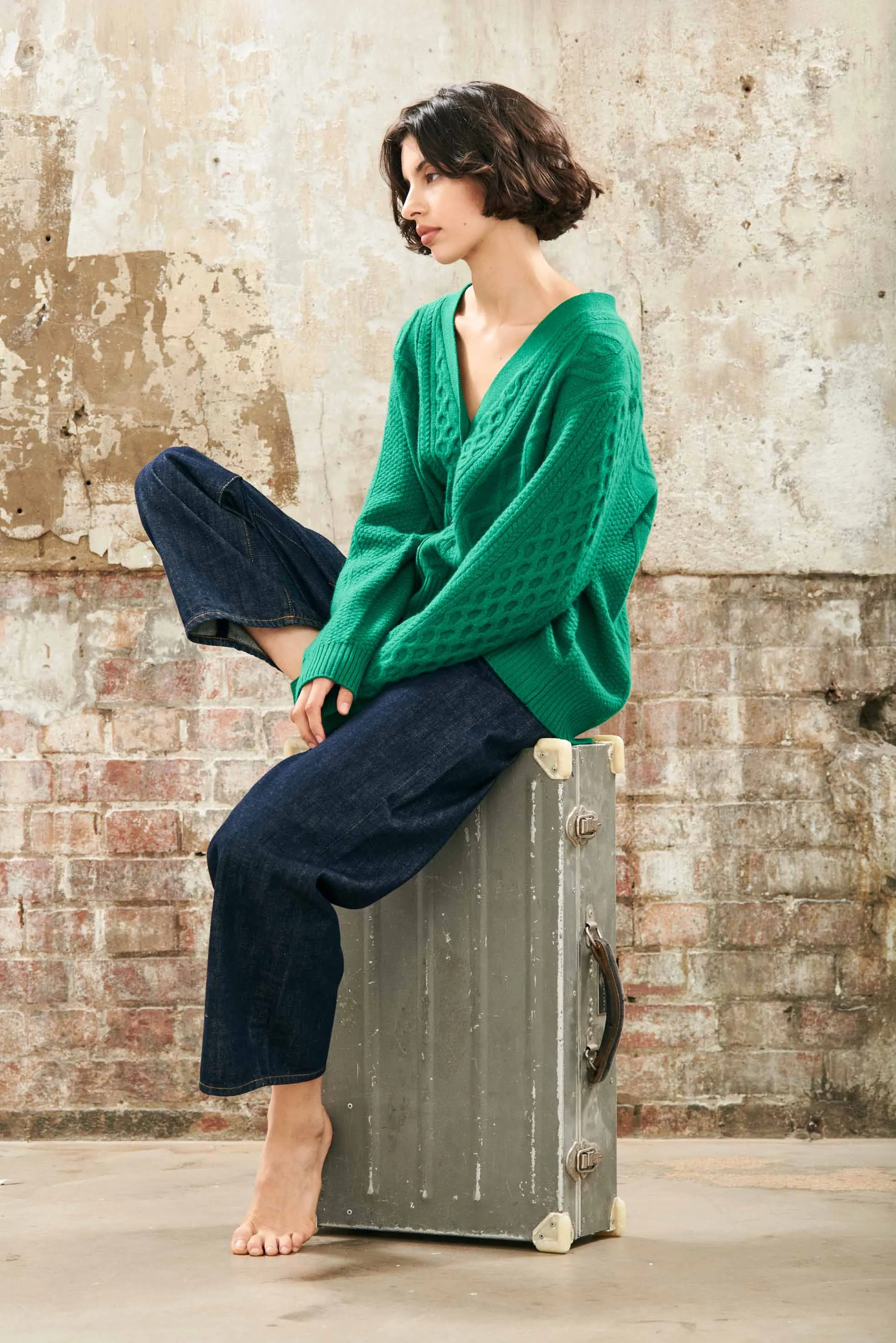 Cashmere Wool Aran Cardigan in Green