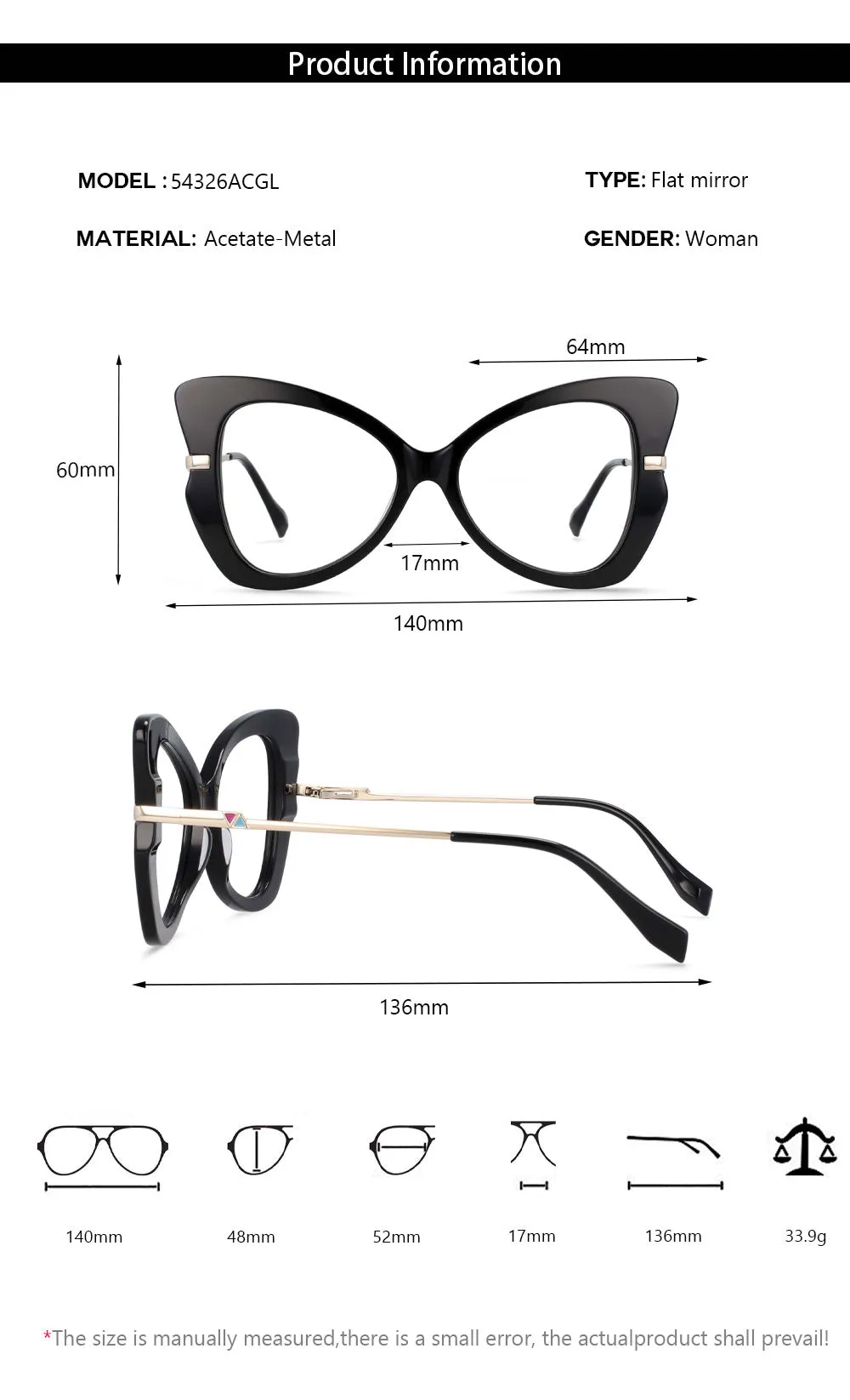 CCspace Women's Full Rim Oversized Acetate Alloy Butterfly Frame Eyeglasses 54326