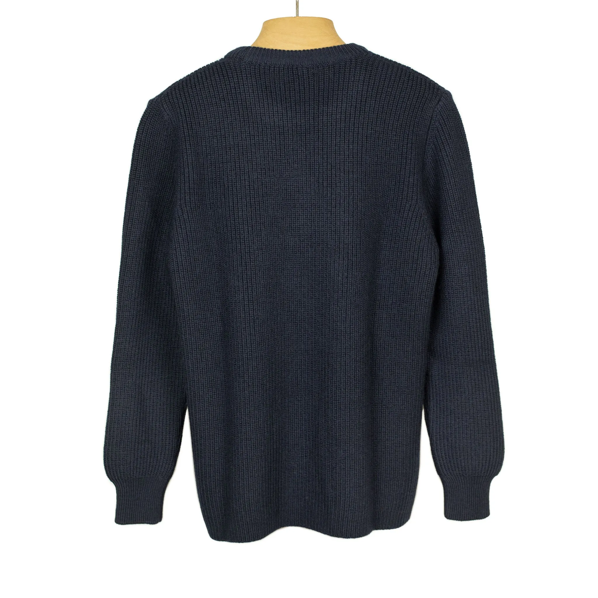 Chunky ribbed crewneck sweater in navy blue merino wool (restock)