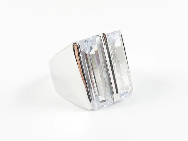 Classic Elegant Dual Stone Emerald Cut Brass Ring