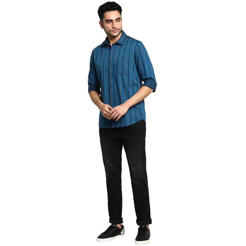 Cotton Navy Blue Slim Fit Striped Casual Shirt