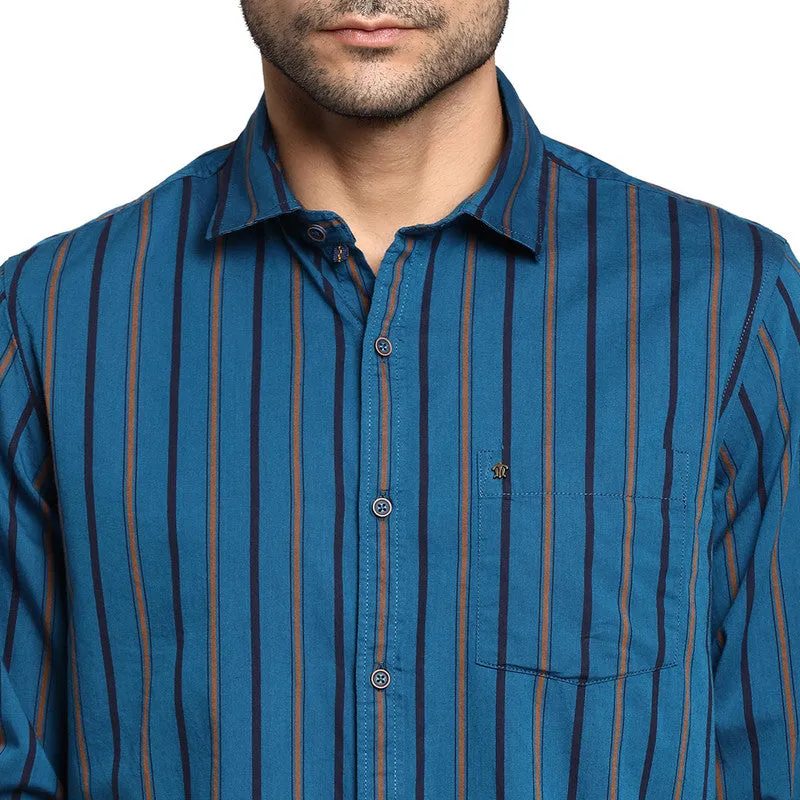 Cotton Navy Blue Slim Fit Striped Casual Shirt