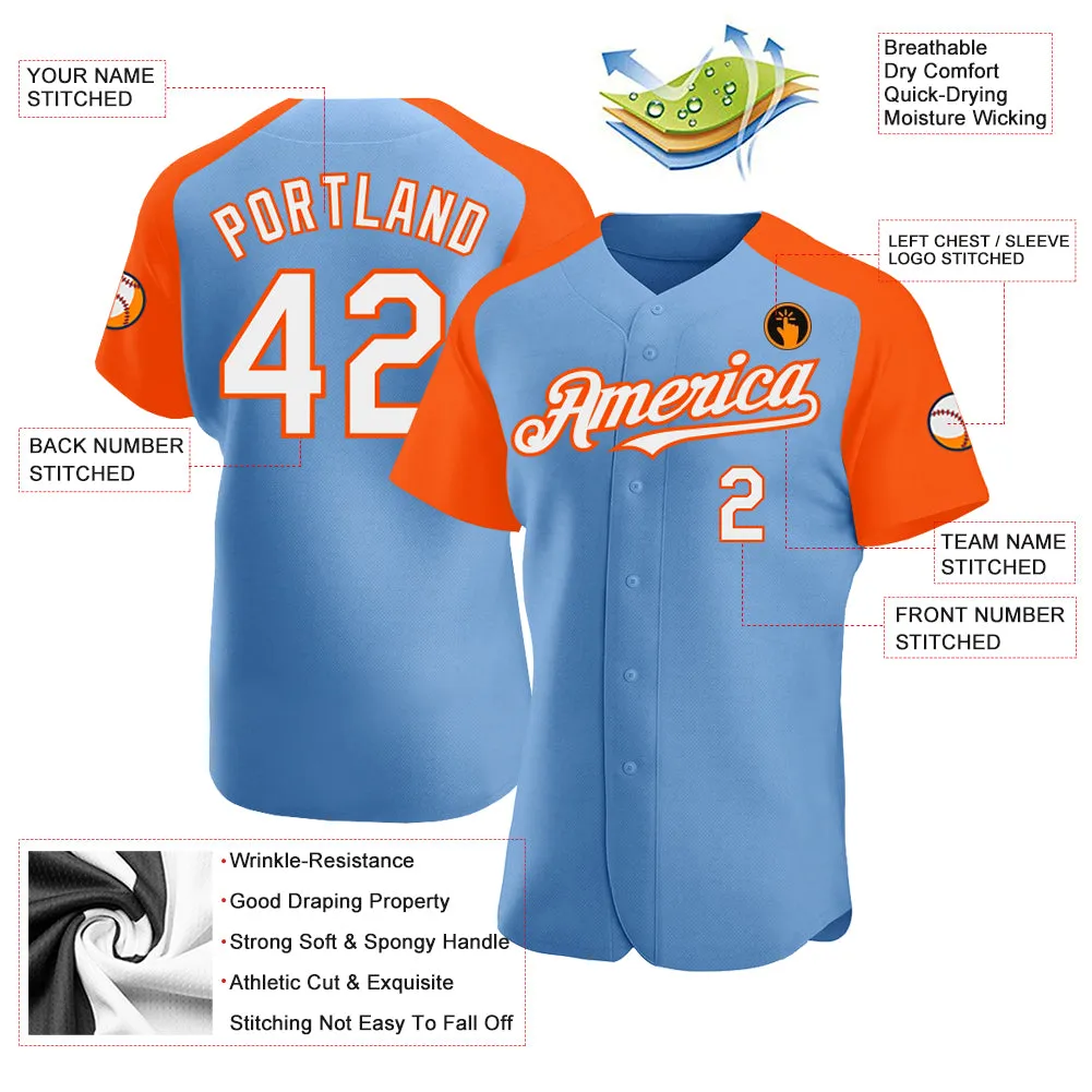 Custom Light Blue White-Orange Authentic Raglan Sleeves Baseball Jersey