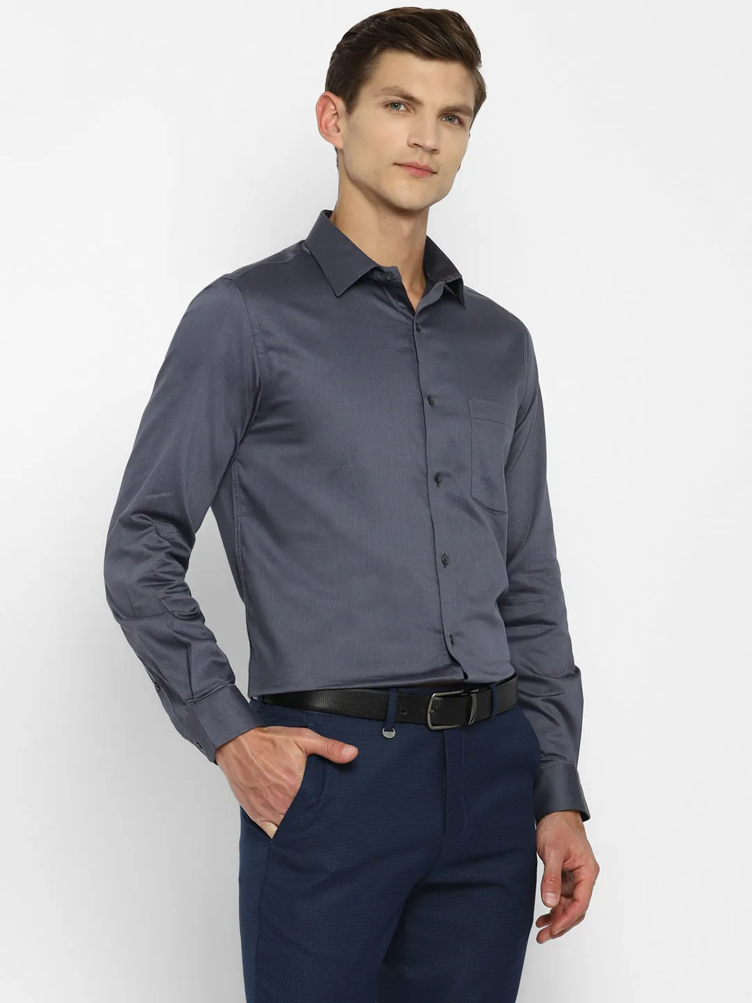 Dark Grey Cotton Self Design Slim Fit Shirt