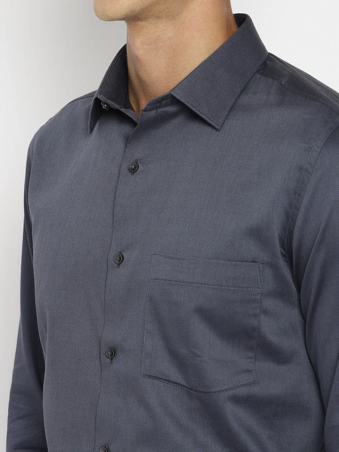 Dark Grey Cotton Self Design Slim Fit Shirt