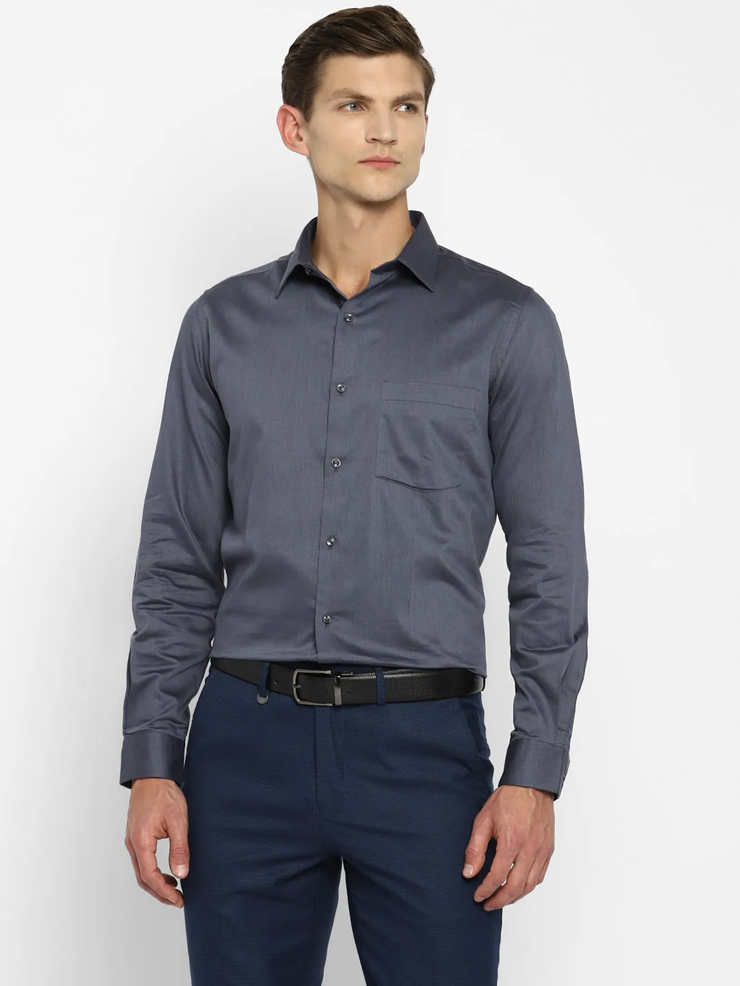 Dark Grey Cotton Self Design Slim Fit Shirt