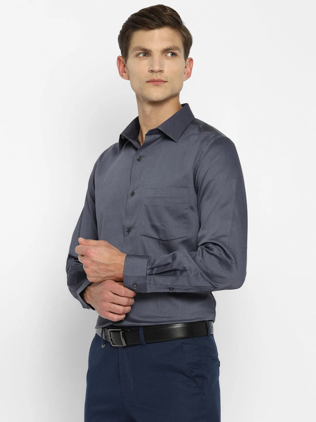 Dark Grey Cotton Self Design Slim Fit Shirt