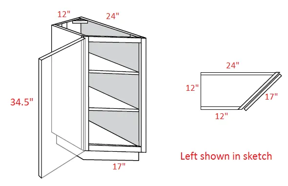 EB10-BTC2412R Elegant White Assembled 12" Angle Base Cabinet