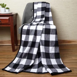 Encasa Homes Bed & Sofa Throw Blanket 50" x 60"- 3" Cotton Fleece with Velvet Piping, Soft, Warm & Comfortable, Machine Washable, Good for Bedroom, Living Room, Beach - Buffalo Black Checks