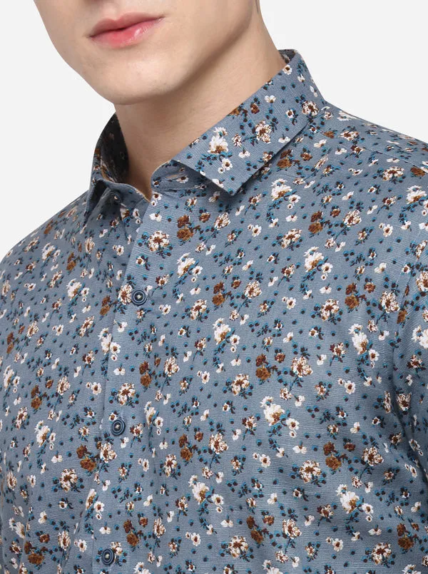 Grey Printed Slim Fit Party Wear Shirt | JB Studio