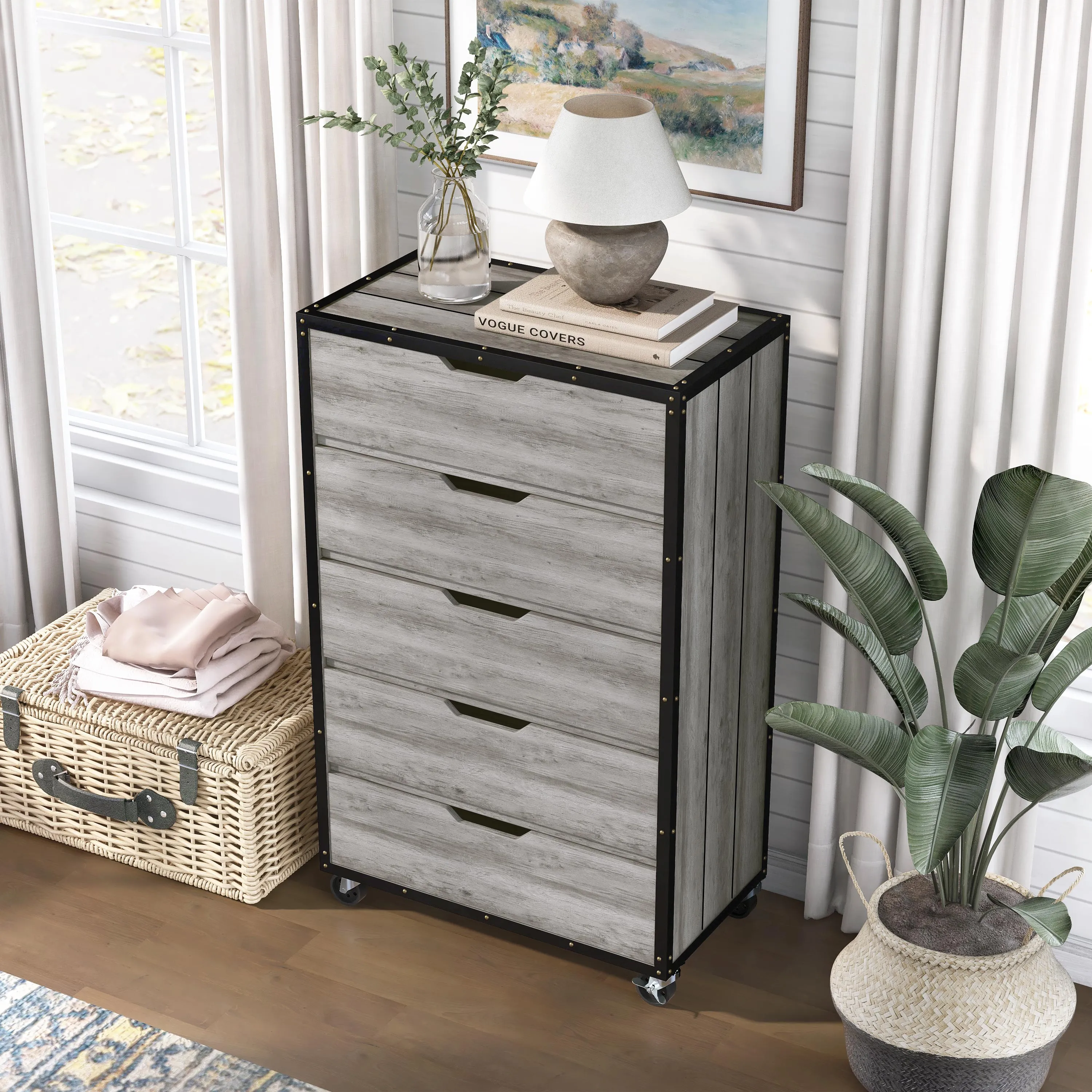 Karthy Industrial Vintage Gray Oak 5-drawer Mobile Tall Dresser