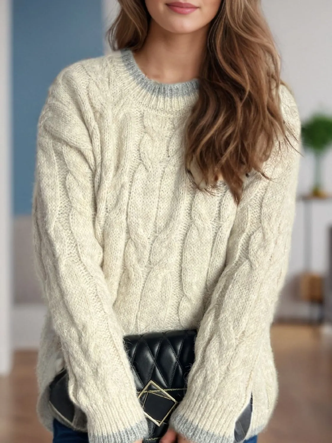 kesley Cable Knit Round Neck Long Sleeve Sweater