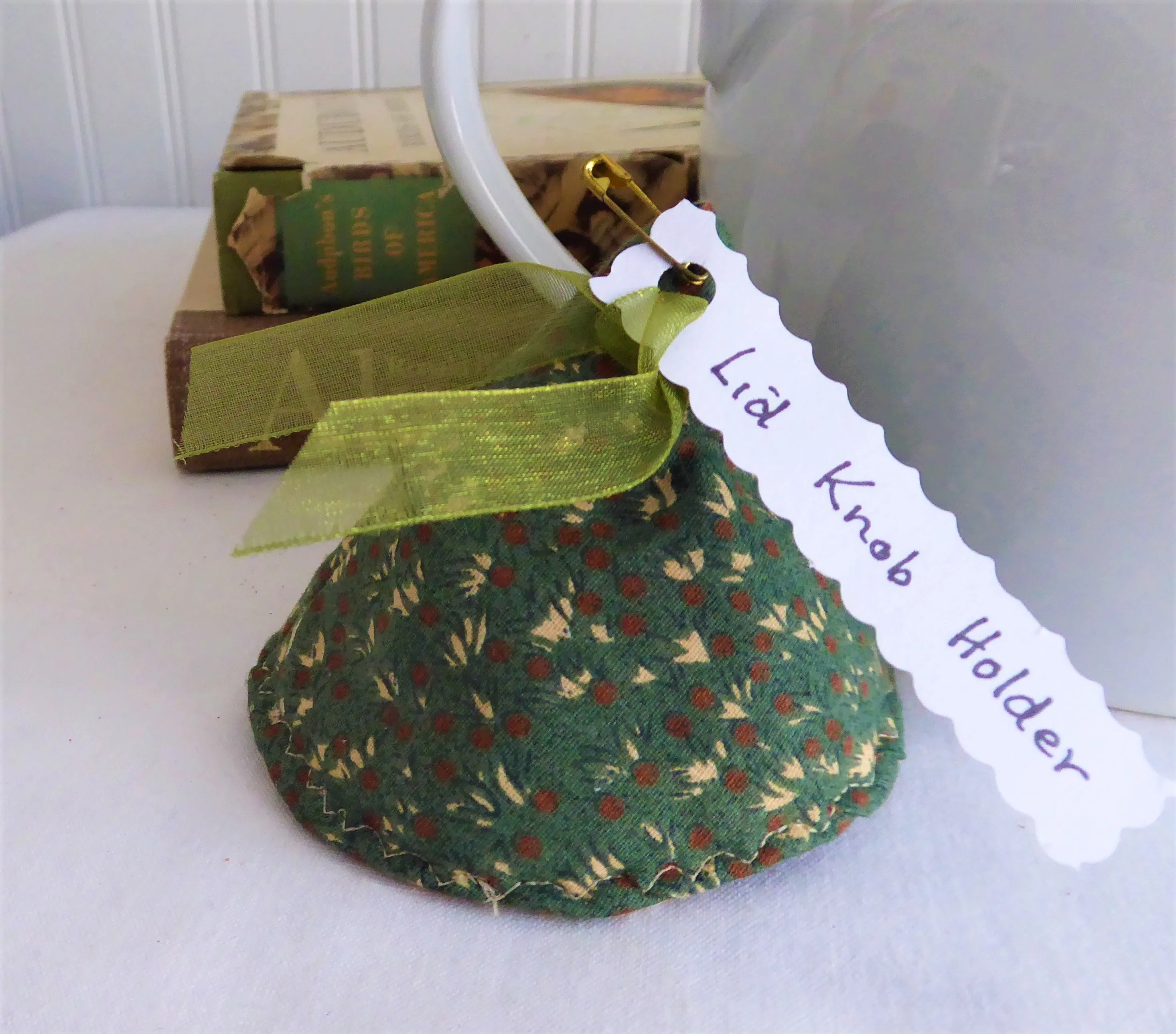 Lid Knob Holder Green Chintz Teapot Lid Holder Padded Tan Checks Inside