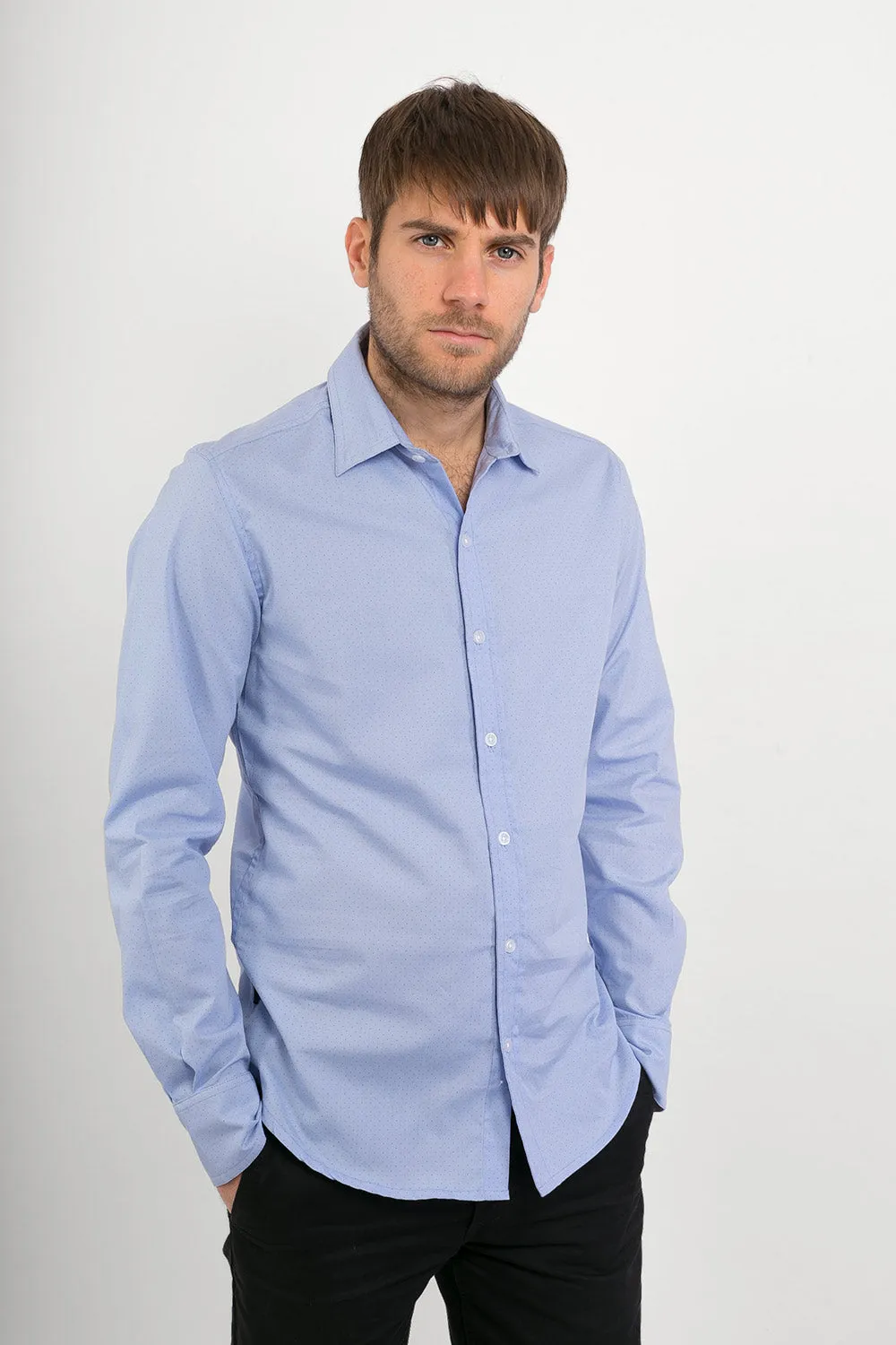 Light Blue with Blue Dots Print Cotton Slim Fit Mens Shirt Long Sleeve