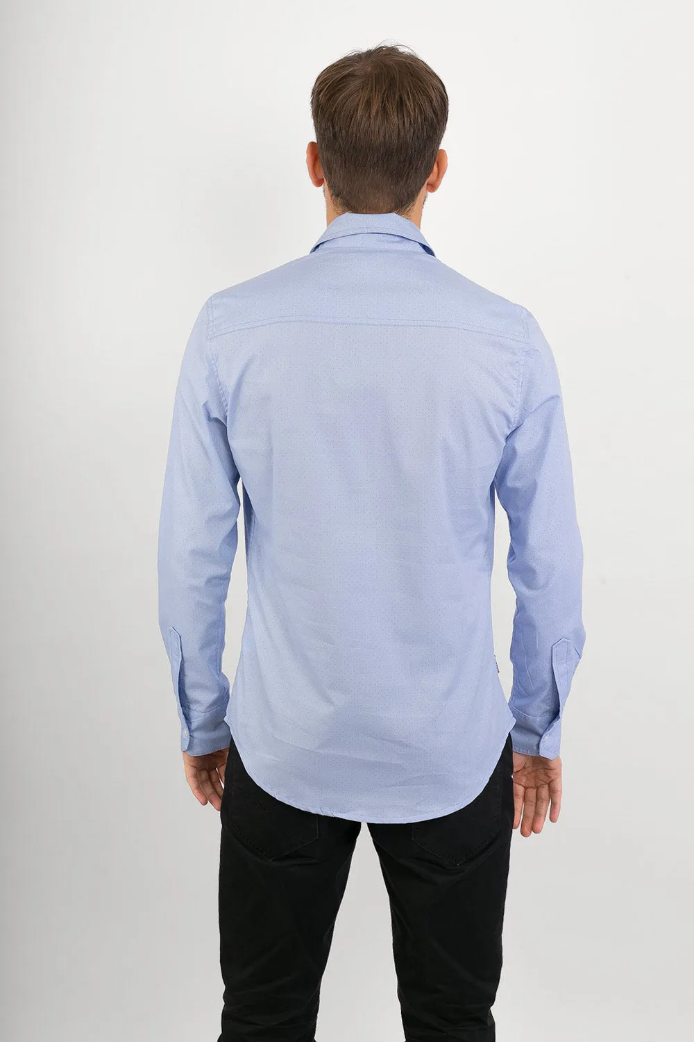 Light Blue with Blue Dots Print Cotton Slim Fit Mens Shirt Long Sleeve