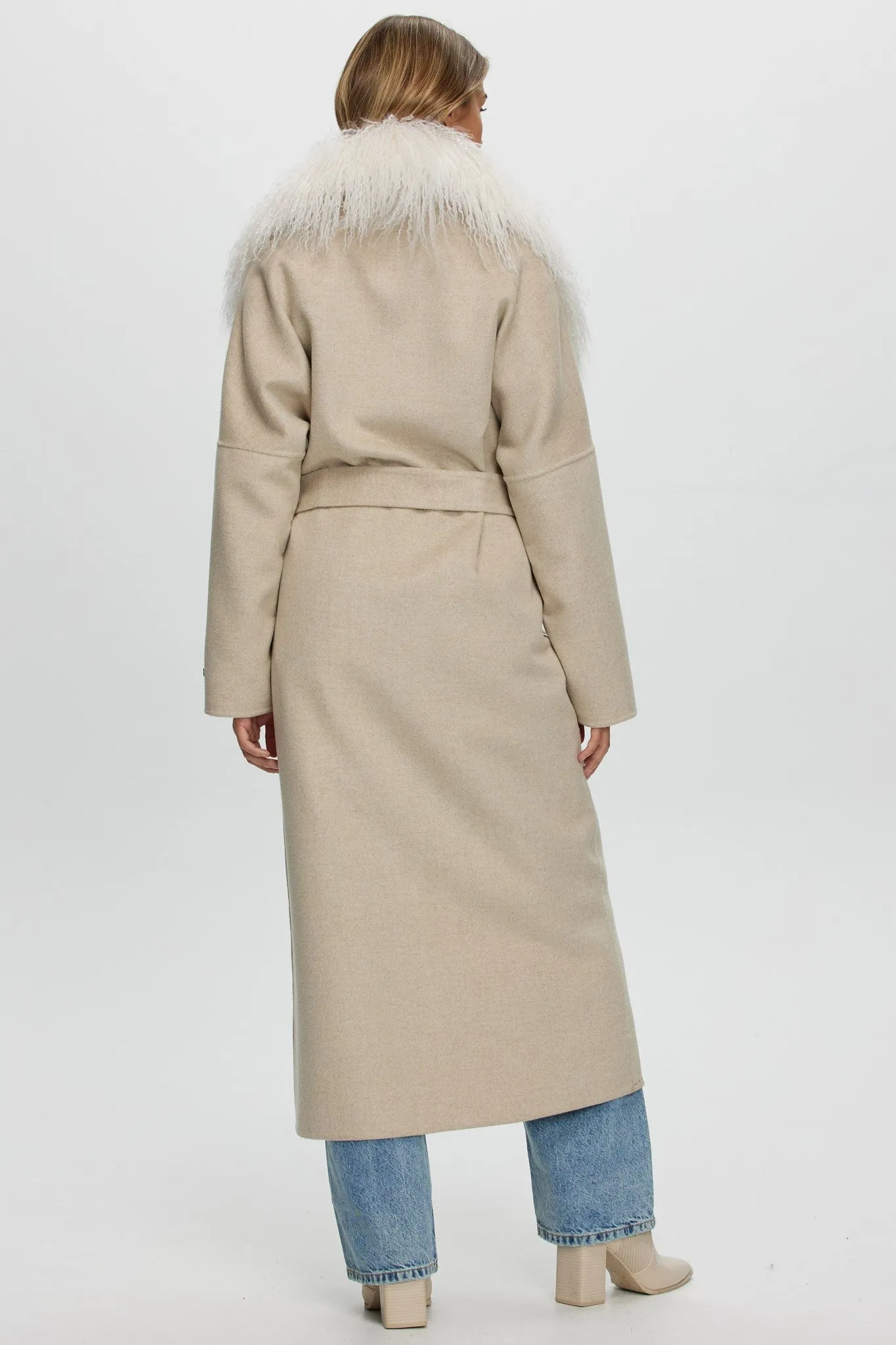 Loro Piana Cashmere & Wool Coat with Select Mongolian Shearling Lamb Collar, Belt