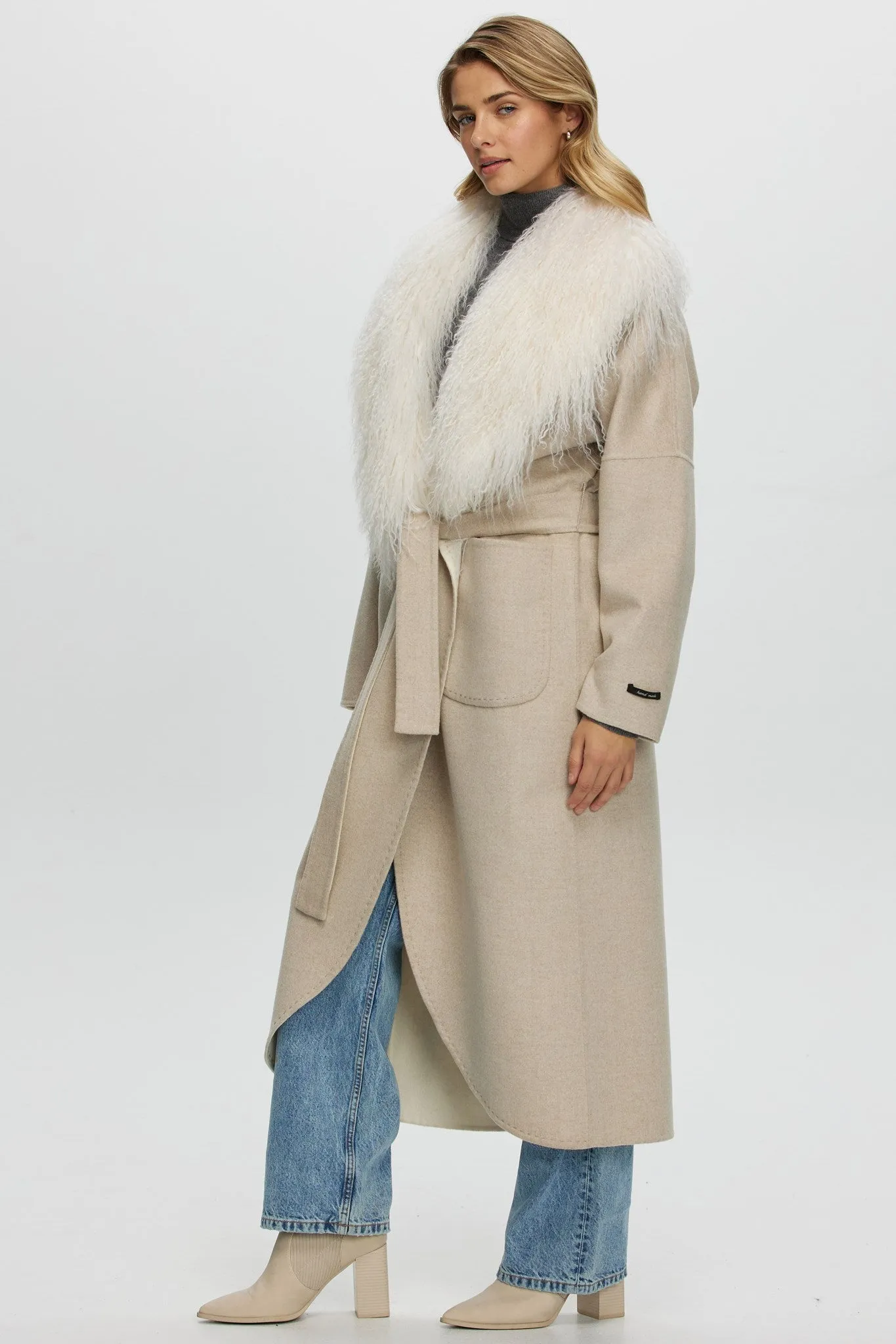 Loro Piana Cashmere & Wool Coat with Select Mongolian Shearling Lamb Collar, Belt