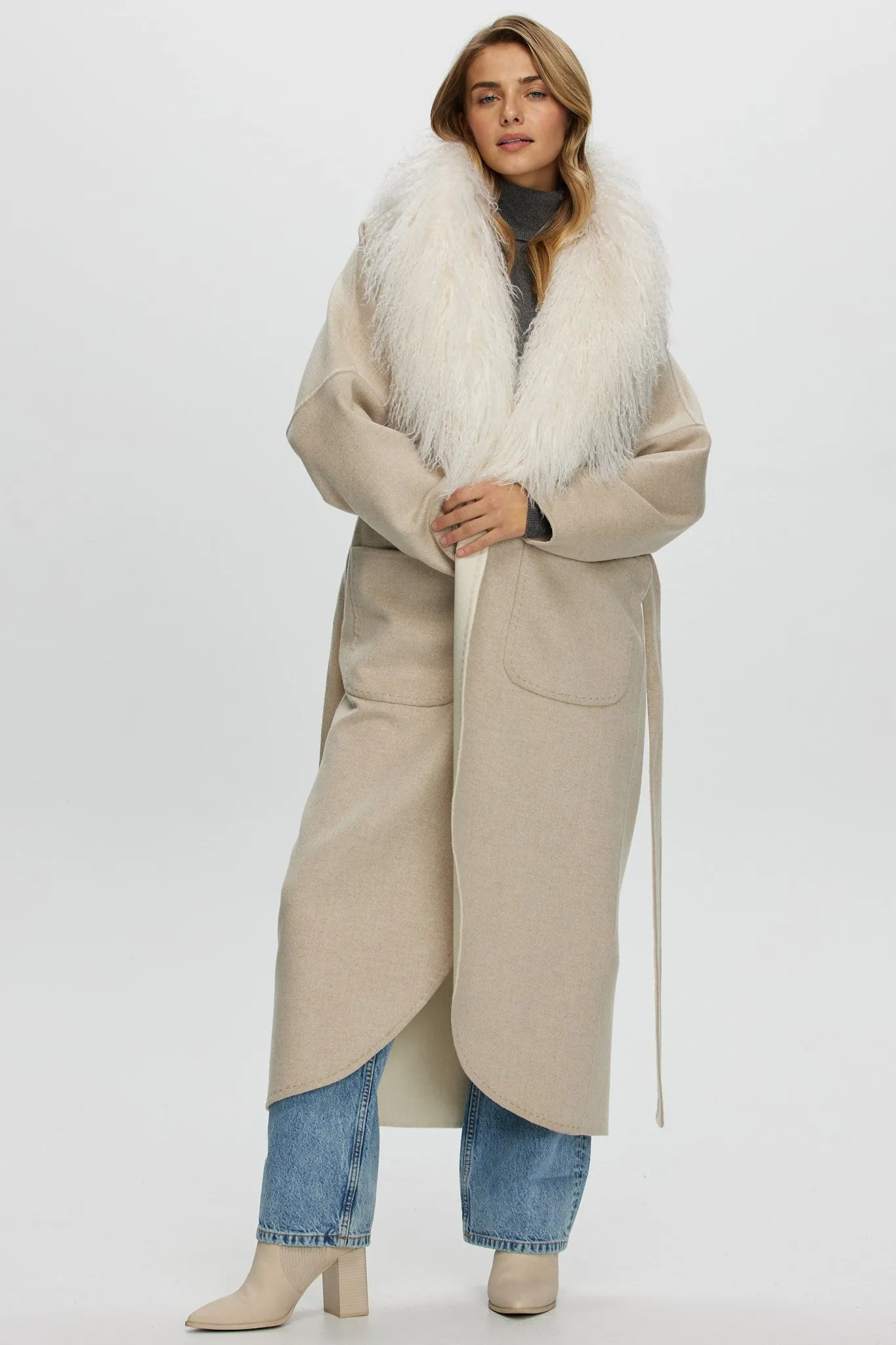 Loro Piana Cashmere & Wool Coat with Select Mongolian Shearling Lamb Collar, Belt