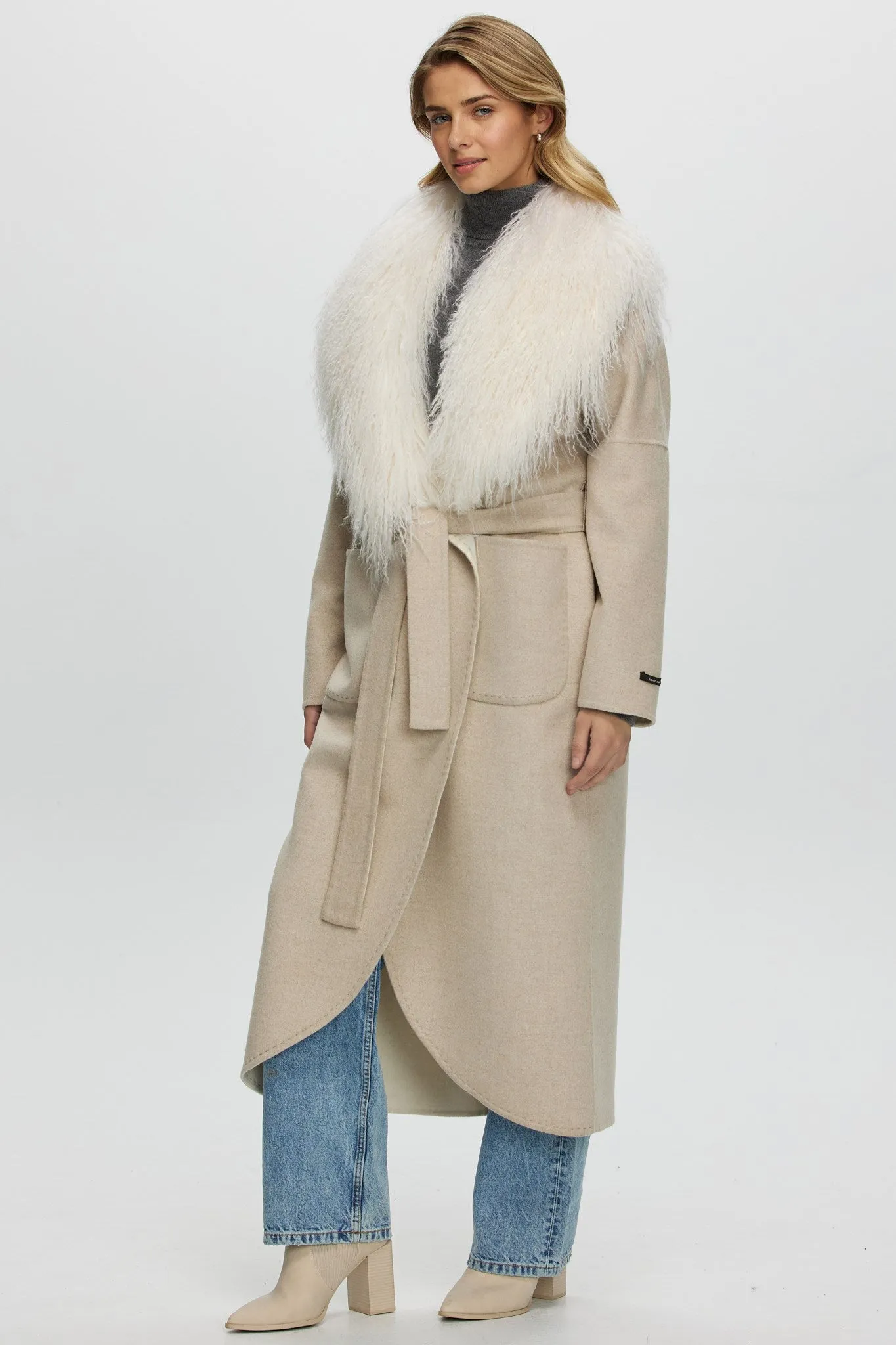 Loro Piana Cashmere & Wool Coat with Select Mongolian Shearling Lamb Collar, Belt