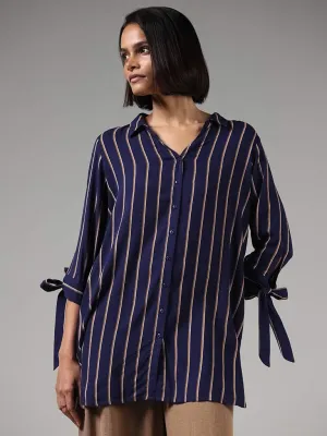 LOV Indigo Blue Striped Tie-Up Sleeves Shirt