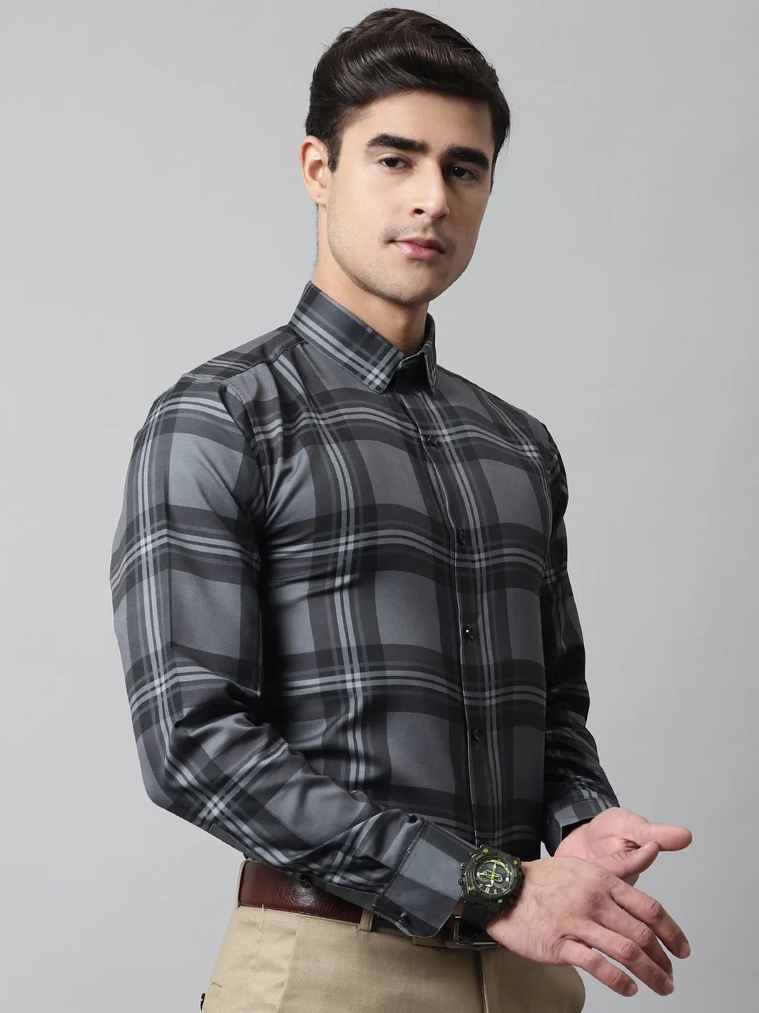 Men Charcoal Grey Checks Regular Fit Cotton Formal Shirt