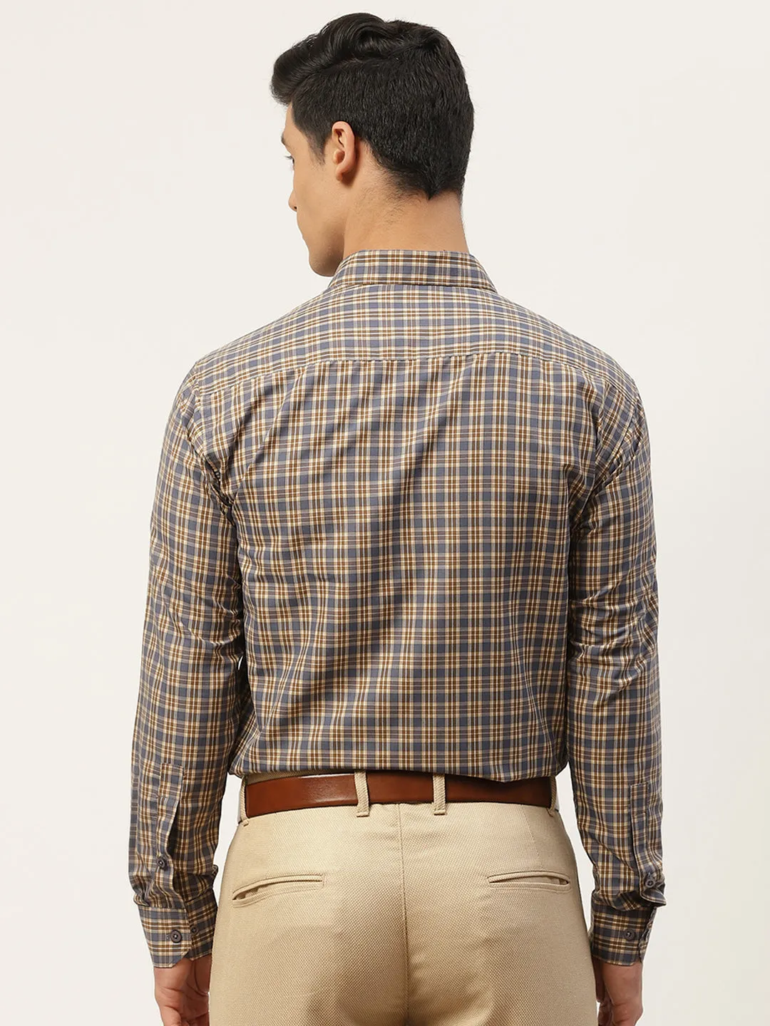 Mens Cotton Brown & Taupe Checked Formal Shirt - Sojanya