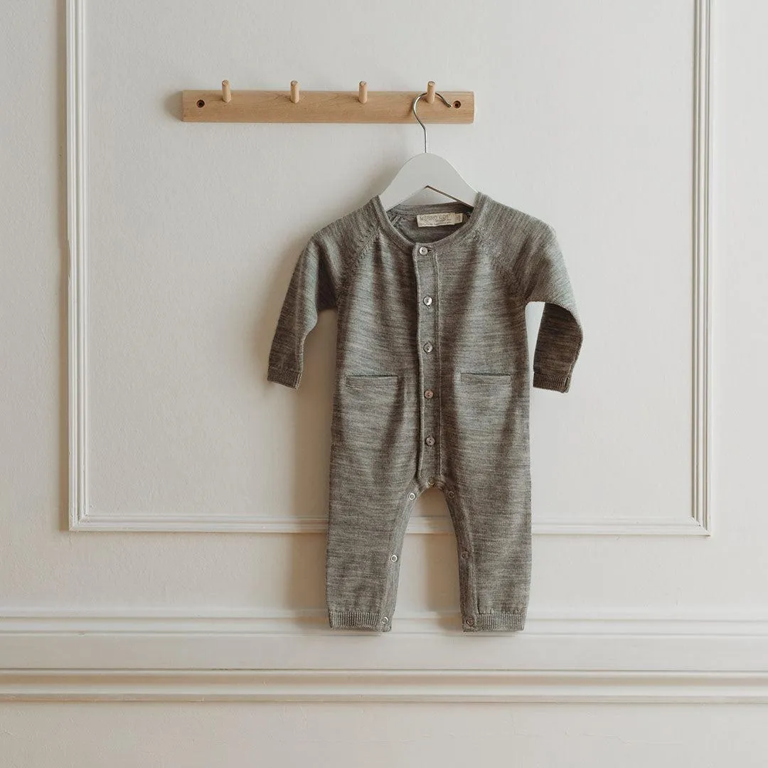 Merino Kids All-In-One Button Through Bodysuit - Light Grey