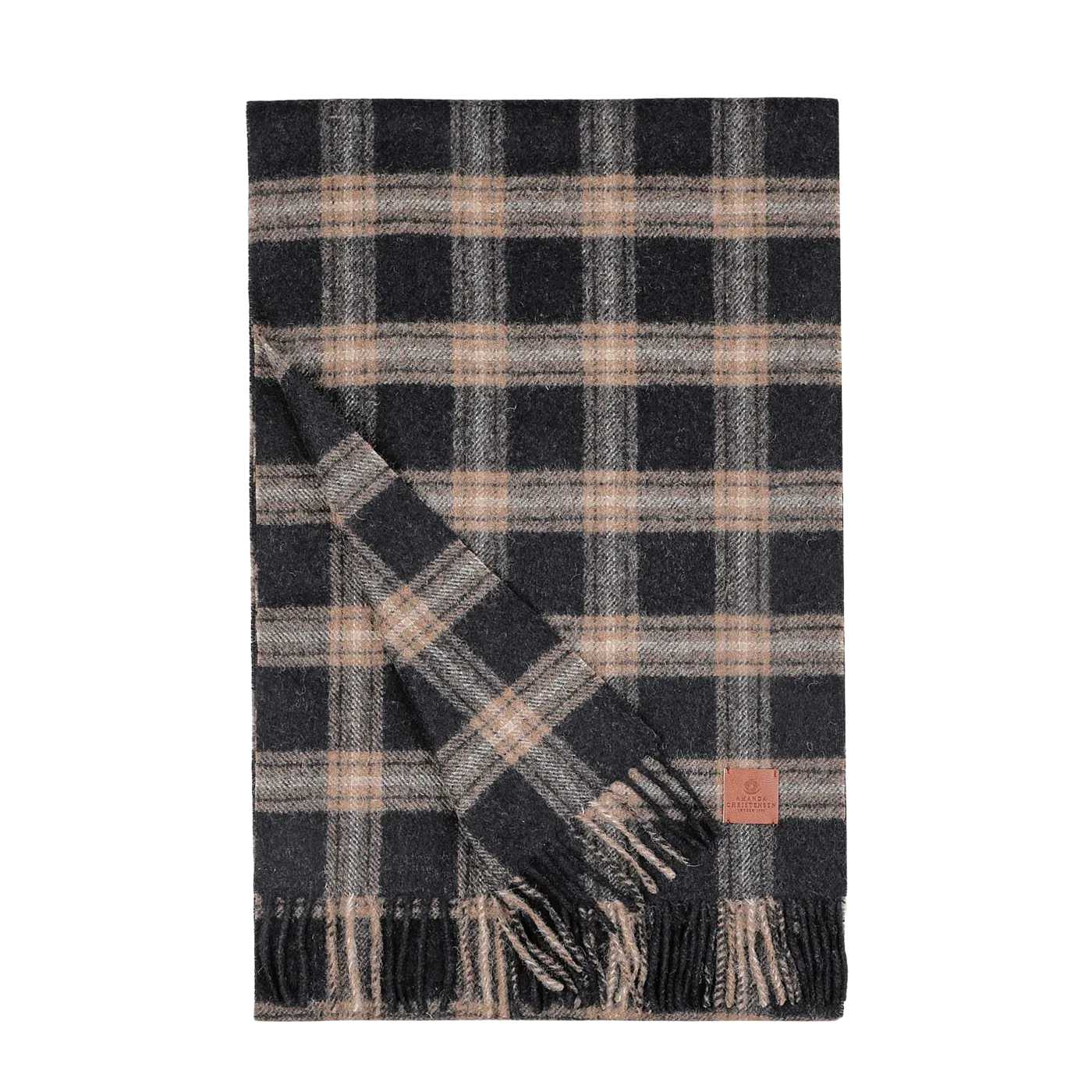 Navy Beige Checked Virgin Wool Scarf