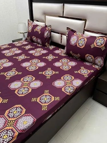 Pure Decor 100% Pure Cotton Velar SIB Collection King Size Procian Print Bedsheet for Double Bed (108"X108") with 2 Pillow Covers PD 4273 - Ethnic, Purple