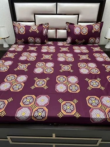 Pure Decor 100% Pure Cotton Velar SIB Collection King Size Procian Print Bedsheet for Double Bed (108"X108") with 2 Pillow Covers PD 4273 - Ethnic, Purple