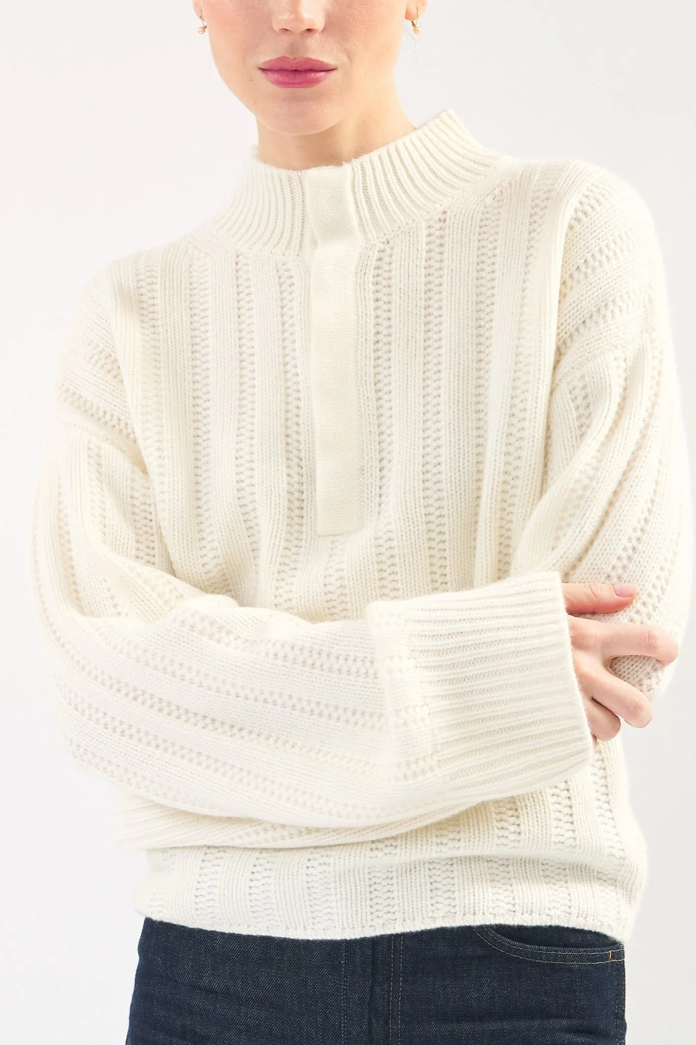 Robertson Madison 100% Cashmere Cable Knit Button Pullover CC-261 | Ivory