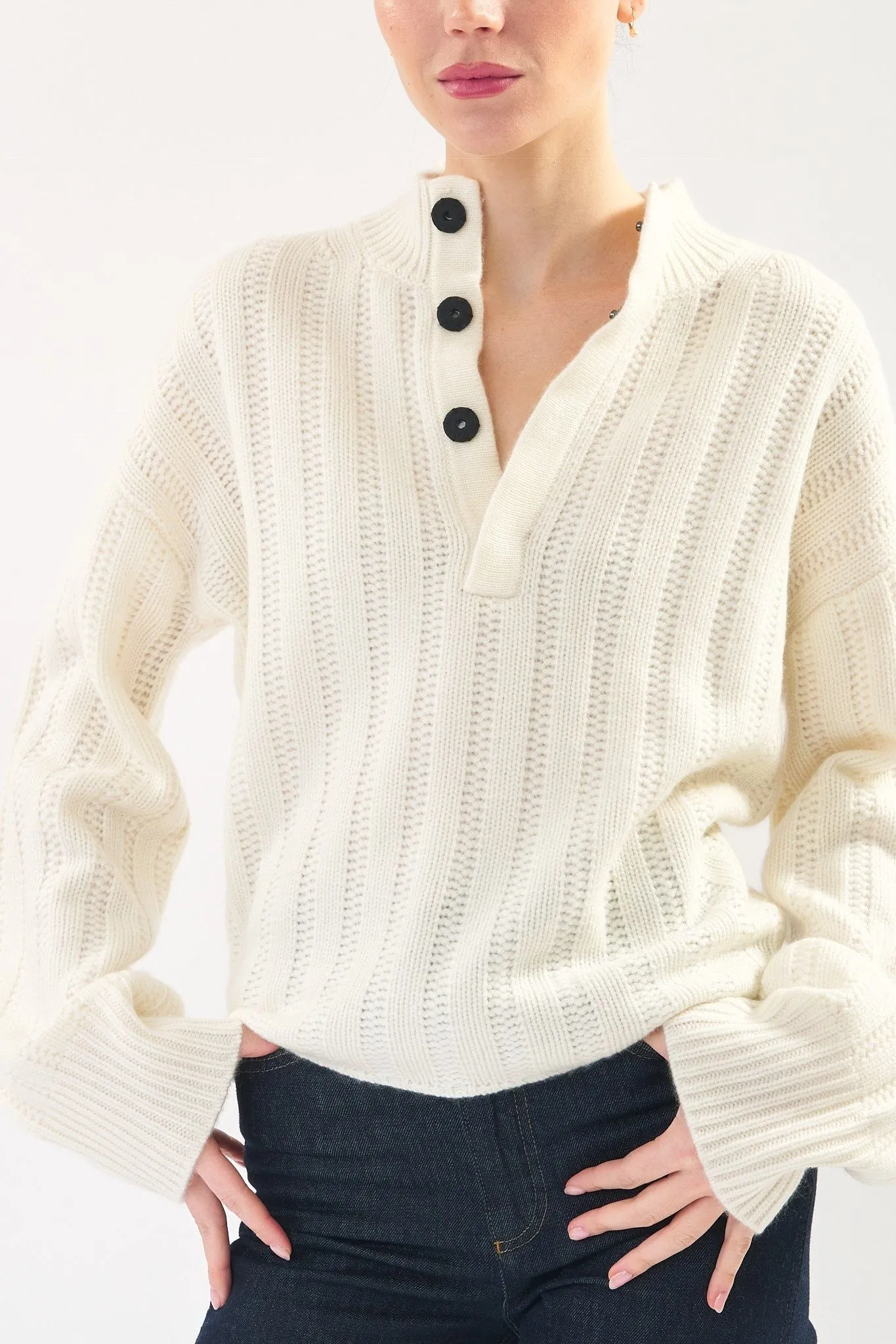 Robertson Madison 100% Cashmere Cable Knit Button Pullover CC-261 | Ivory